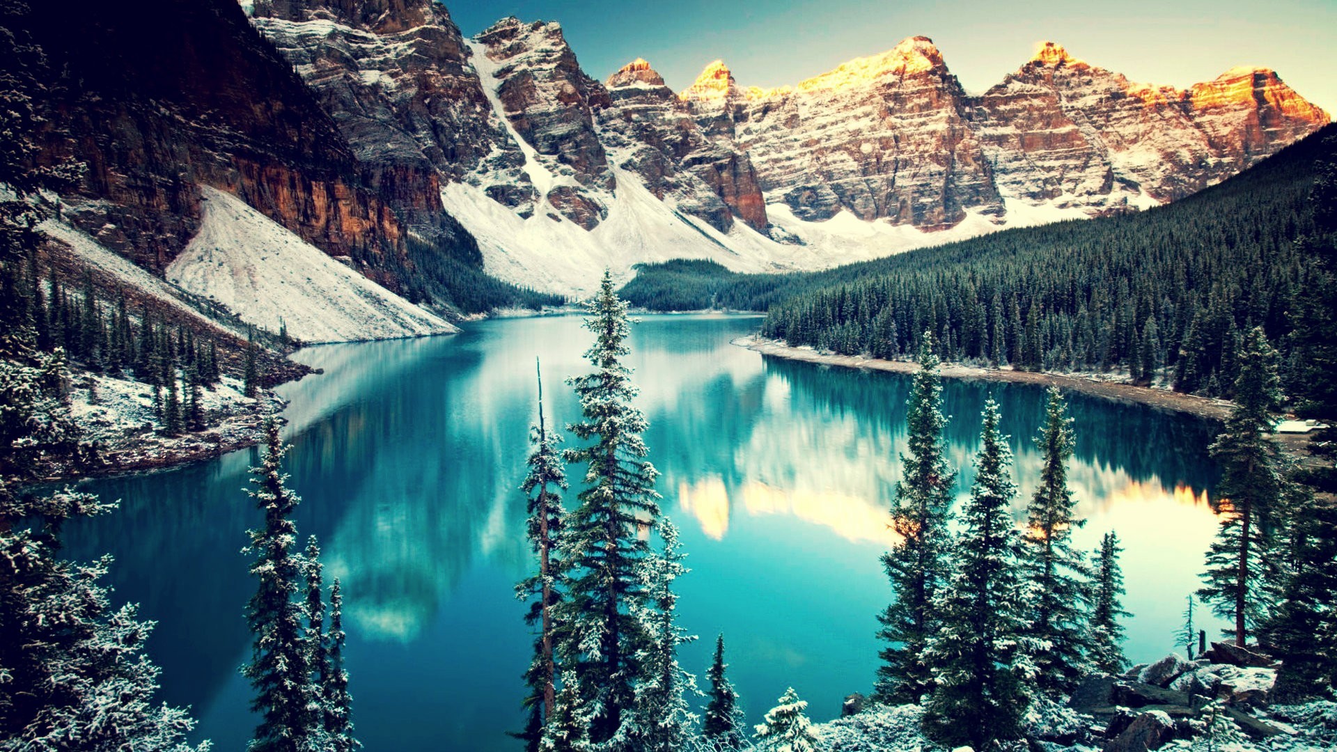 General 1920x1080 lake forest Moraine Lake mountains Canada pine trees Banff National Park valley nature trees reflection snow landscape cyan