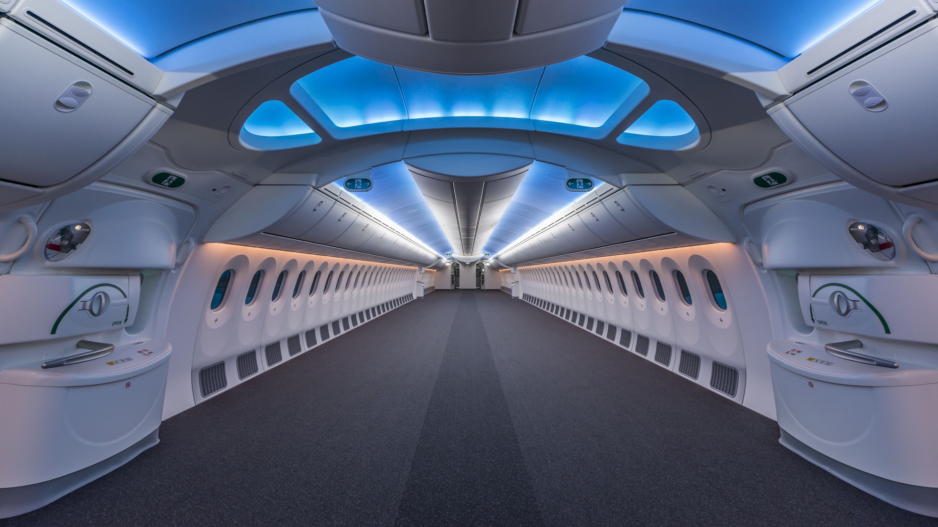 General 3840x2160 symmetry interior modern airplane Boeing window luxury Boeing 787 cyan blue vehicle passenger aircraft