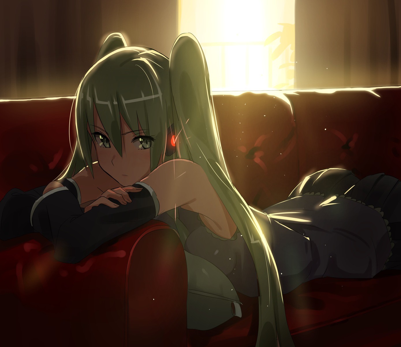 Anime 1389x1200 anime girls anime green hair long hair couch green eyes lying on front Vocaloid Hatsune Miku twintails