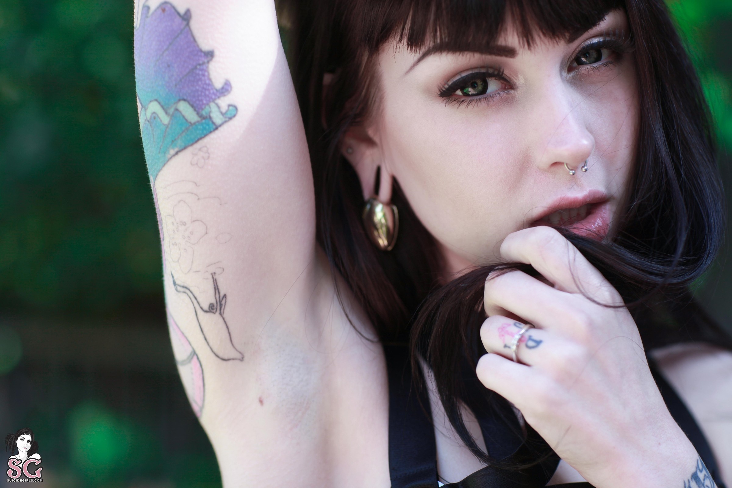 People 2400x1600 Ashley Holat Suicide Girls tattoo pierced septum open mouth ear weights stretched ears pale women women outdoors face closeup watermarked nose ring looking at viewer inked girls one arm up armpits septum ring parted lips black hair model brunette