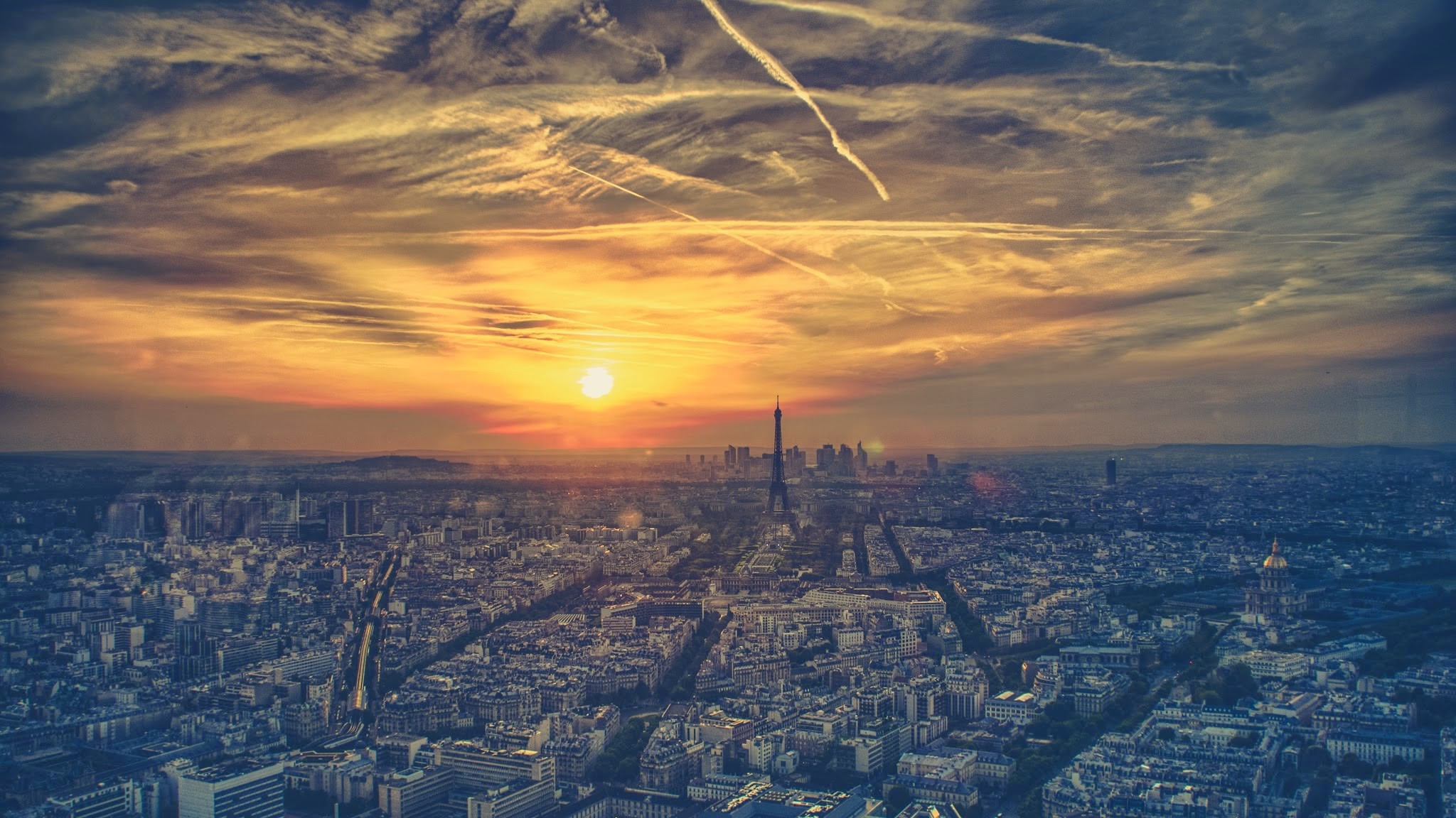 General 2048x1152 city Paris cityscape sunset Eiffel Tower metropolis  France panorama sky orange sky sunlight
