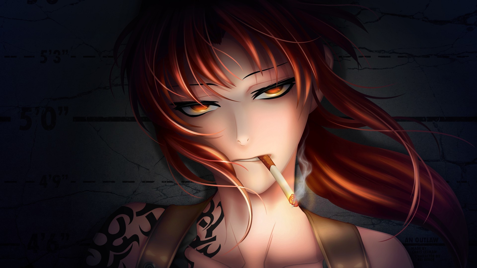 Anime 1920x1080 anime Revy Black Lagoon tattoo anime girls cigarettes redhead red eyes smoking face orange eyes women