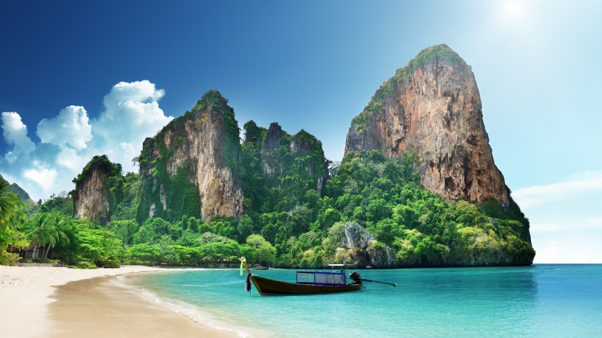 General 1920x1080 nature landscape mountains clouds Thailand trees forest sea sand beach boat palm trees house vehicle rocks