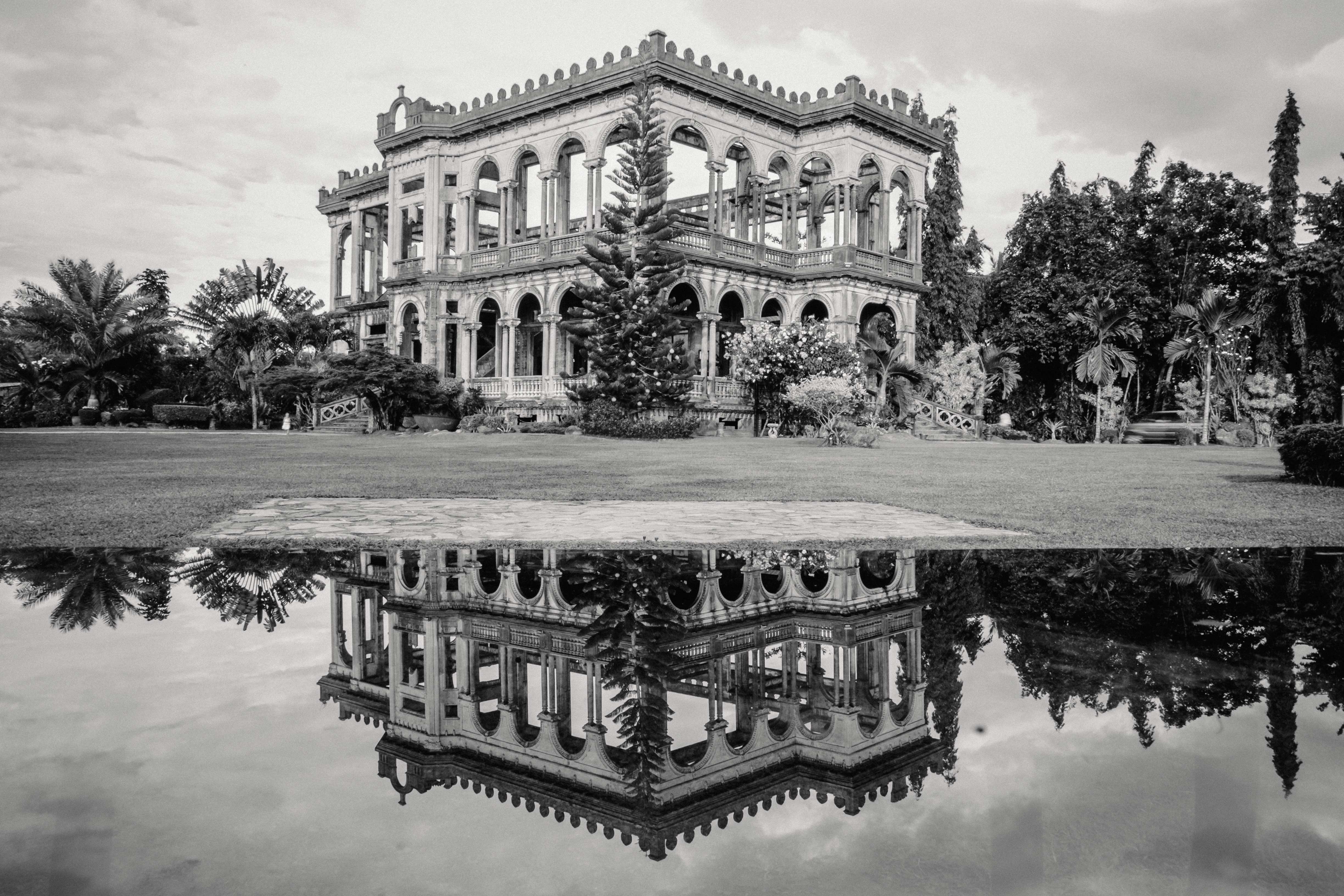 General 4896x3264 architecture monochrome building Philippines palm trees trees ruins water grass field reflection stairs abandoned clouds sky arch jungle film grain