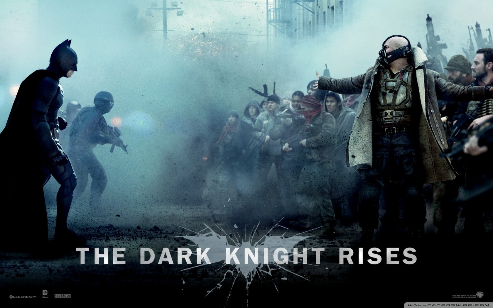 General 1680x1050 The Dark Knight Rises Bane Batman police AK-47 Heckler & Koch G36 crowds cyan film stills movie poster movies hero villains