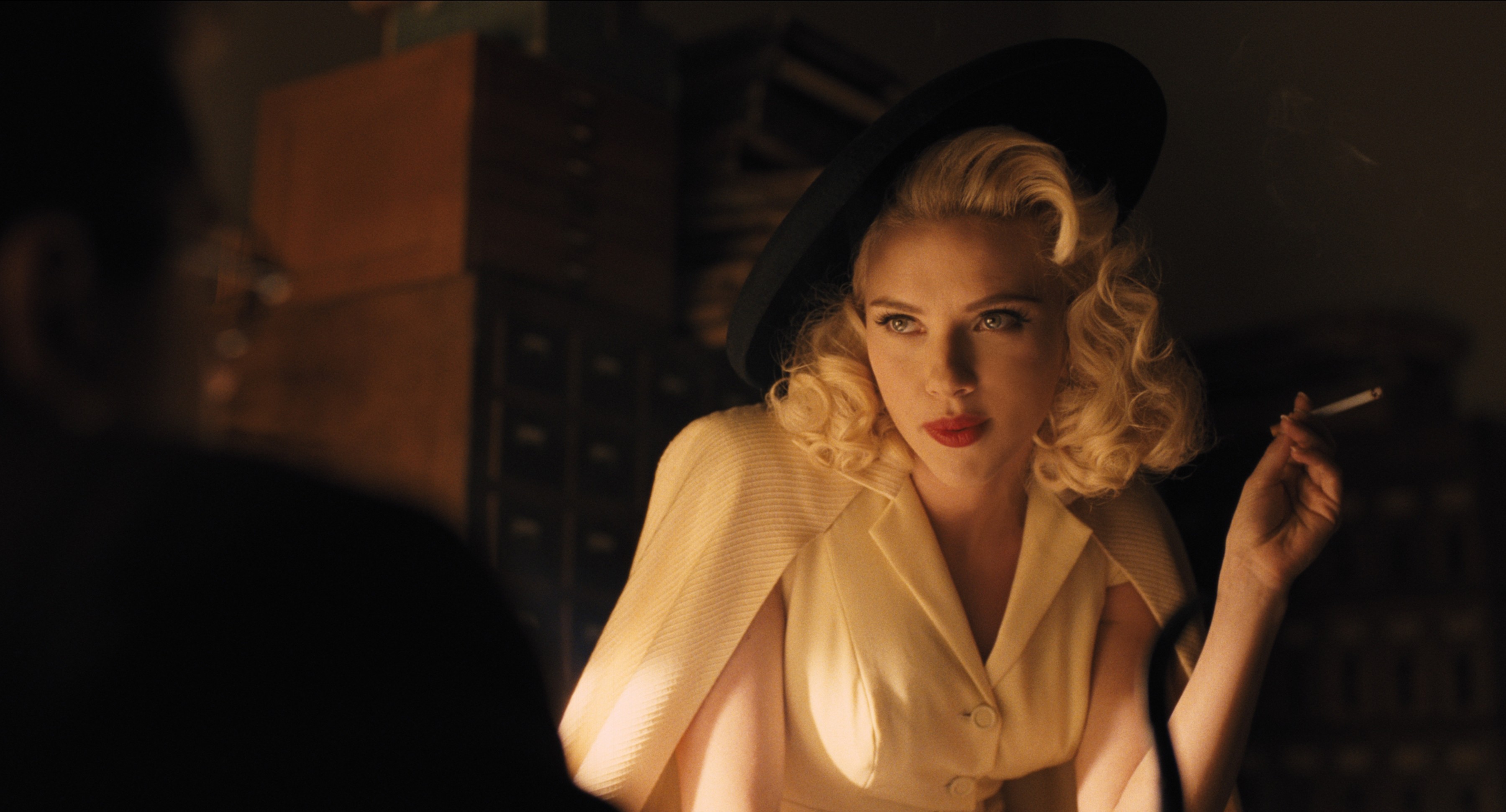 People 3600x1942 Scarlett Johansson movies women actress cigarettes smoking American women blonde red lipstick film stills hat women with hats