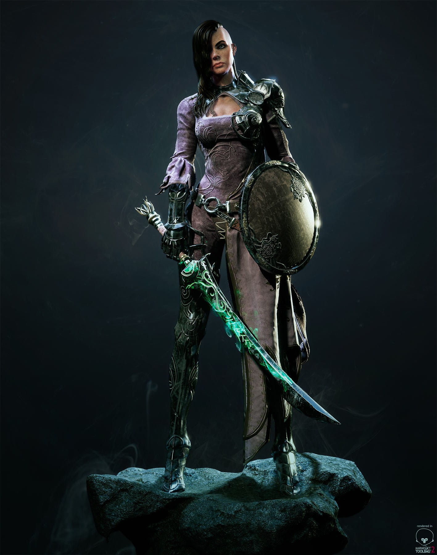 General 1417x1800 CGI fantasy girl sword weapon digital art sidecut shield black hair women fantasy art