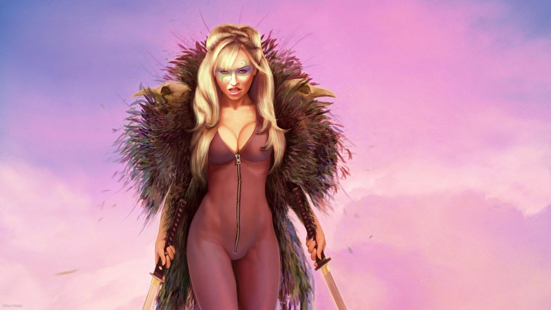 General 1920x1080 artwork fantasy art blonde fantasy girl frontal view sword catsuit cleavage boobs parted lips sky women with swords bodysuit looking at viewer
