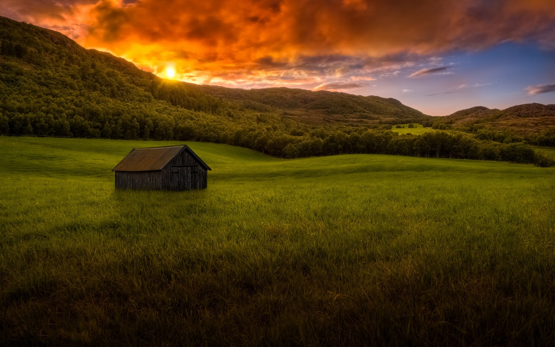 General 1920x1200 landscape nature sunset mountains forest grass hut clouds colorful sky summer sunlight