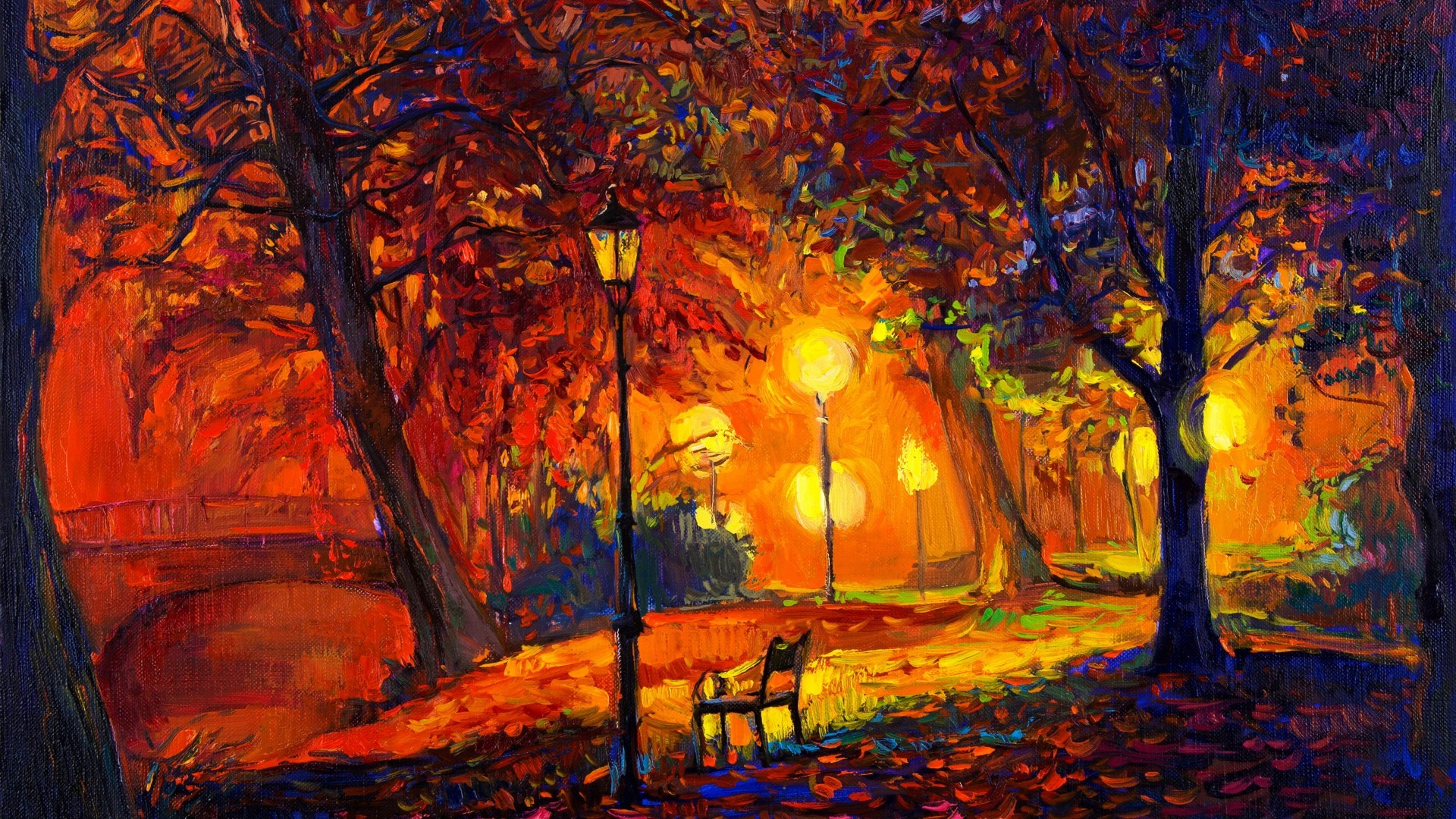 General 1920x1080 digital art trees painting park bench lamp fall leaves modern impressionism artwork Leonid Afremov