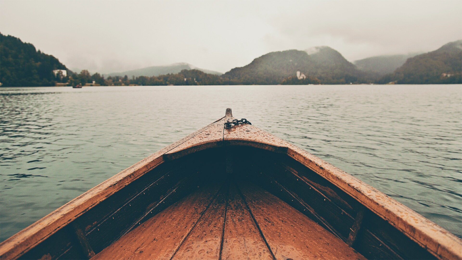 General 1920x1080 landscape lake boat filter water water drops depth of field Lake Bled Slovenia mist vehicle island