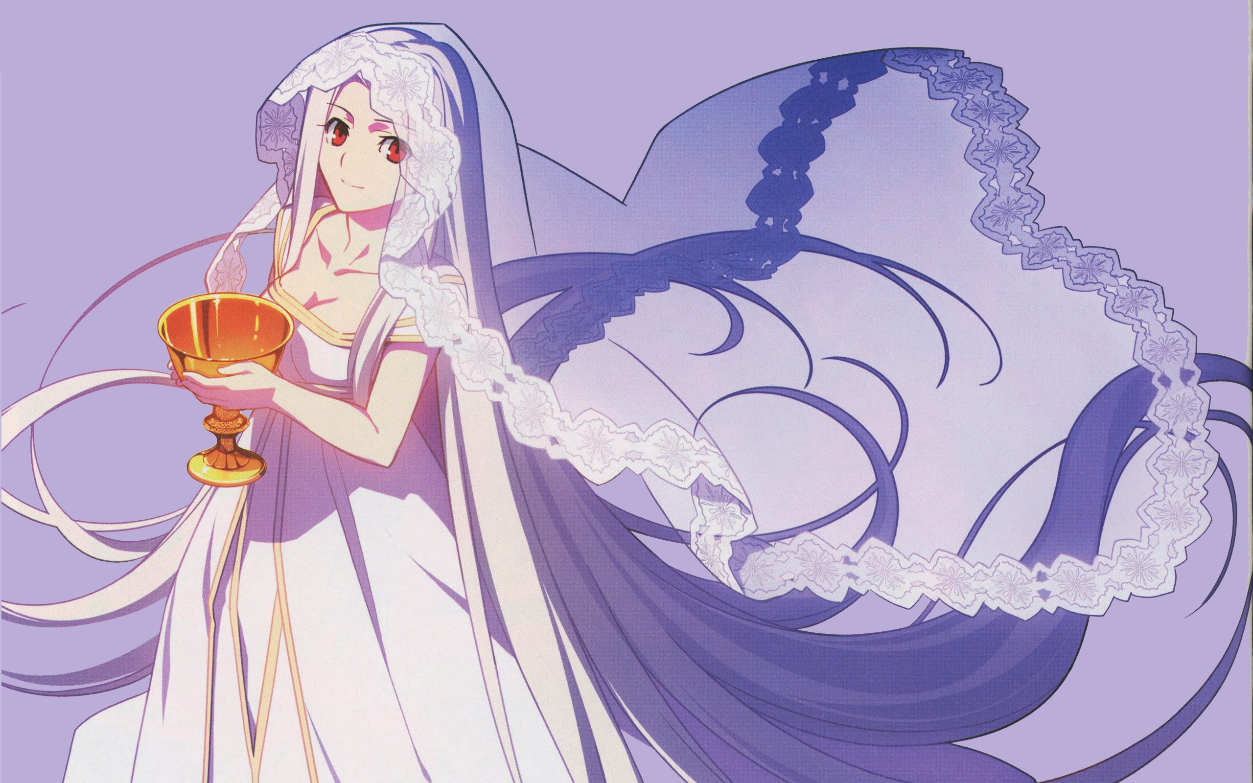Anime 2560x1600 Fate series cleavage Irisviel von Einzbern anime anime girls purple background red eyes white dress dress white clothing looking at viewer fantasy girl