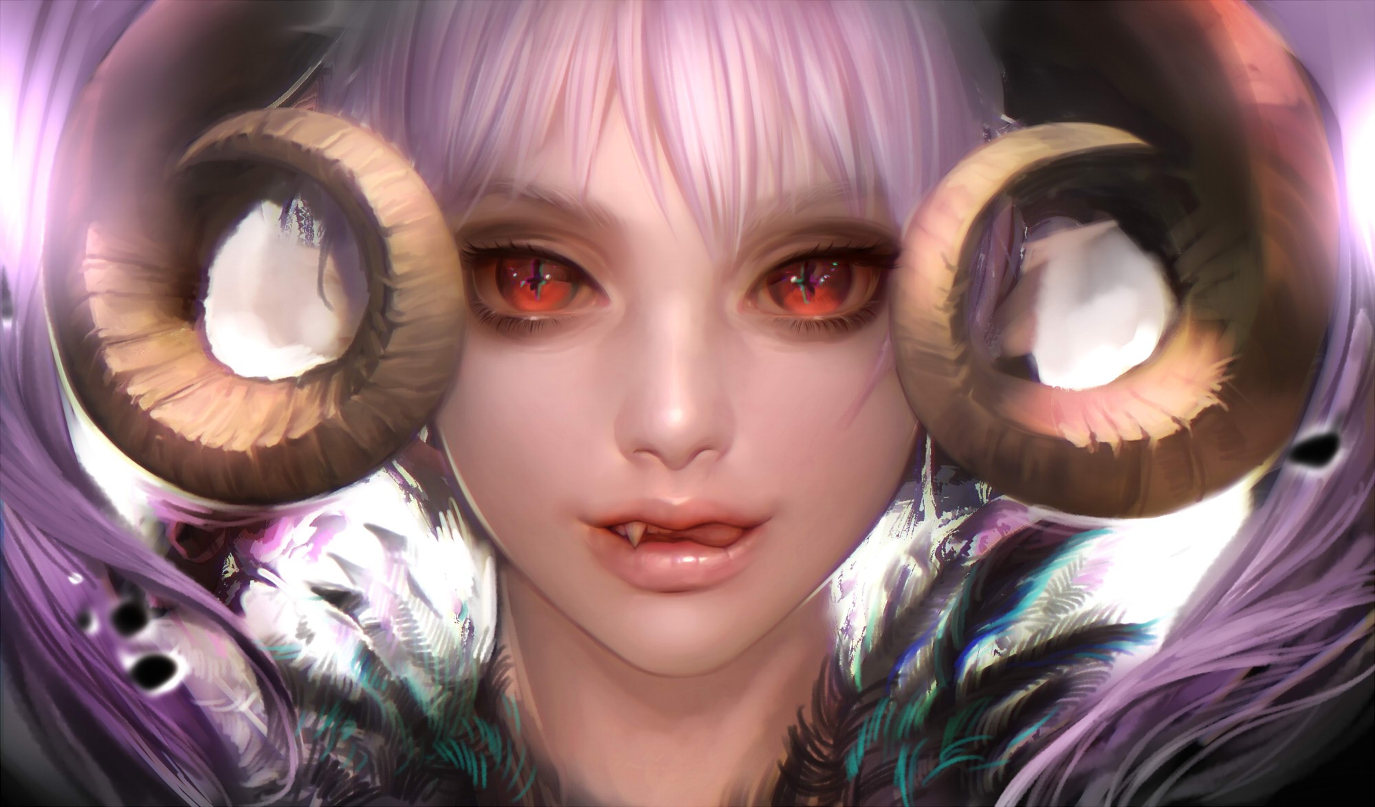 General 2000x1174 fantasy art demon demon horns succubus demon girls red eyes face closeup purple hair women fantasy girl