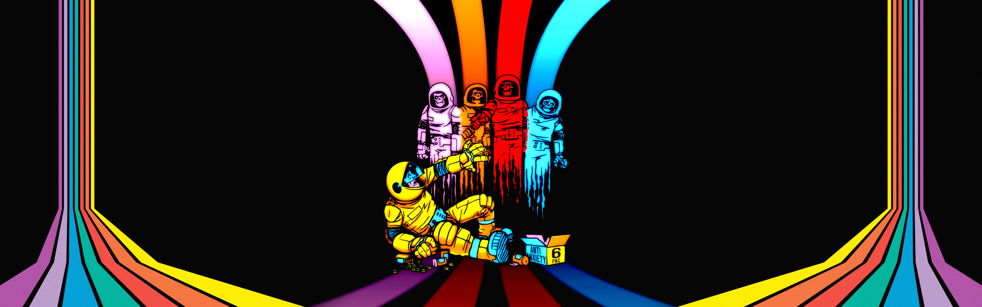 General 3360x1050 artwork astronaut Pac-Man  fan art skull ghost black background simple background video games video game art
