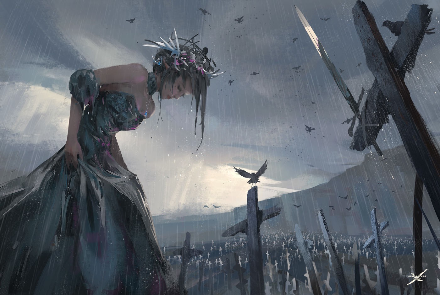 General 1400x940 fantasy girl fantasy art cross grave rain dress women birds WLOP