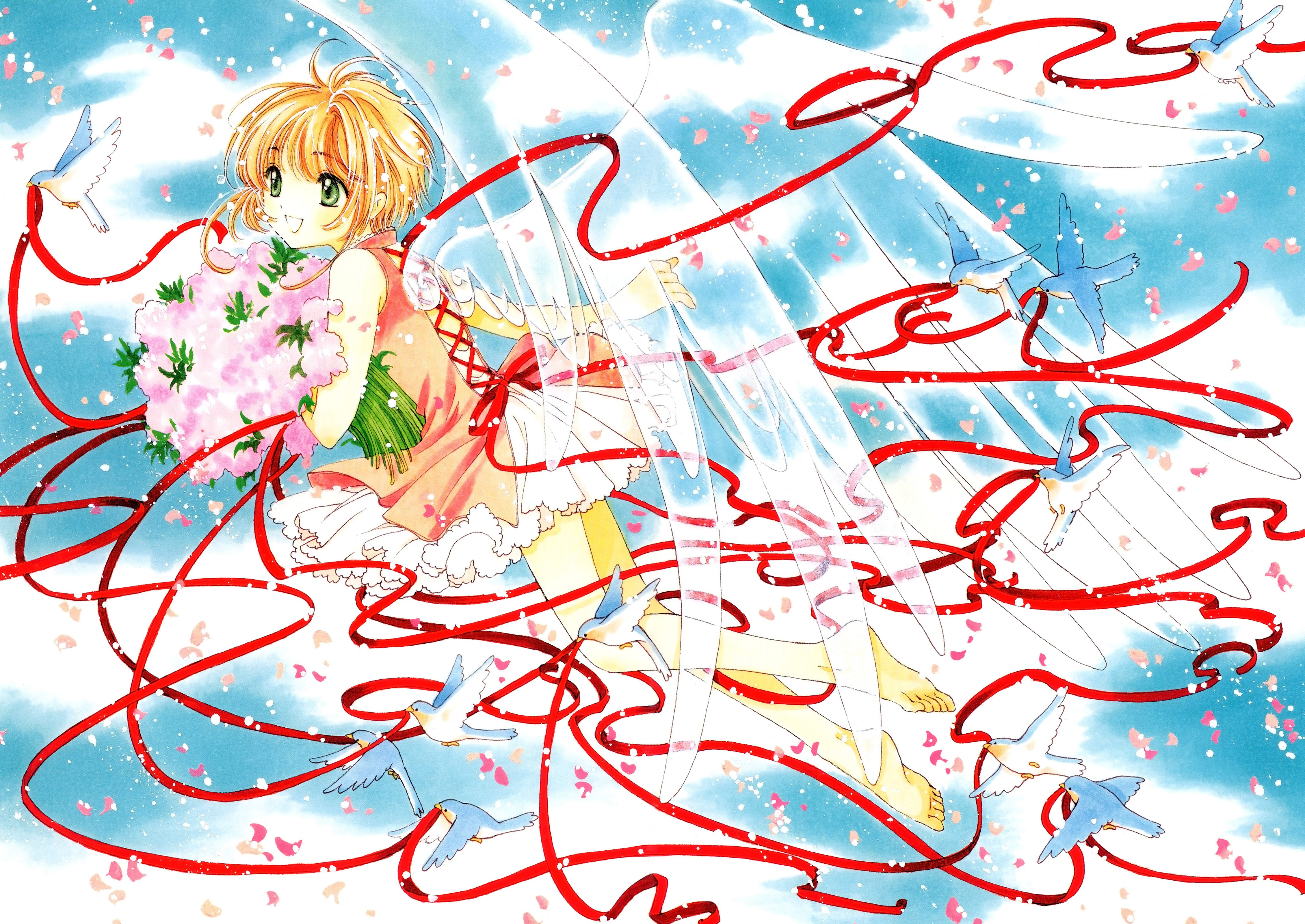 Anime 4518x3200 Cardcaptor Sakura CLAMP Kinomoto Sakura anime girls anime blonde green eyes barefoot birds sky