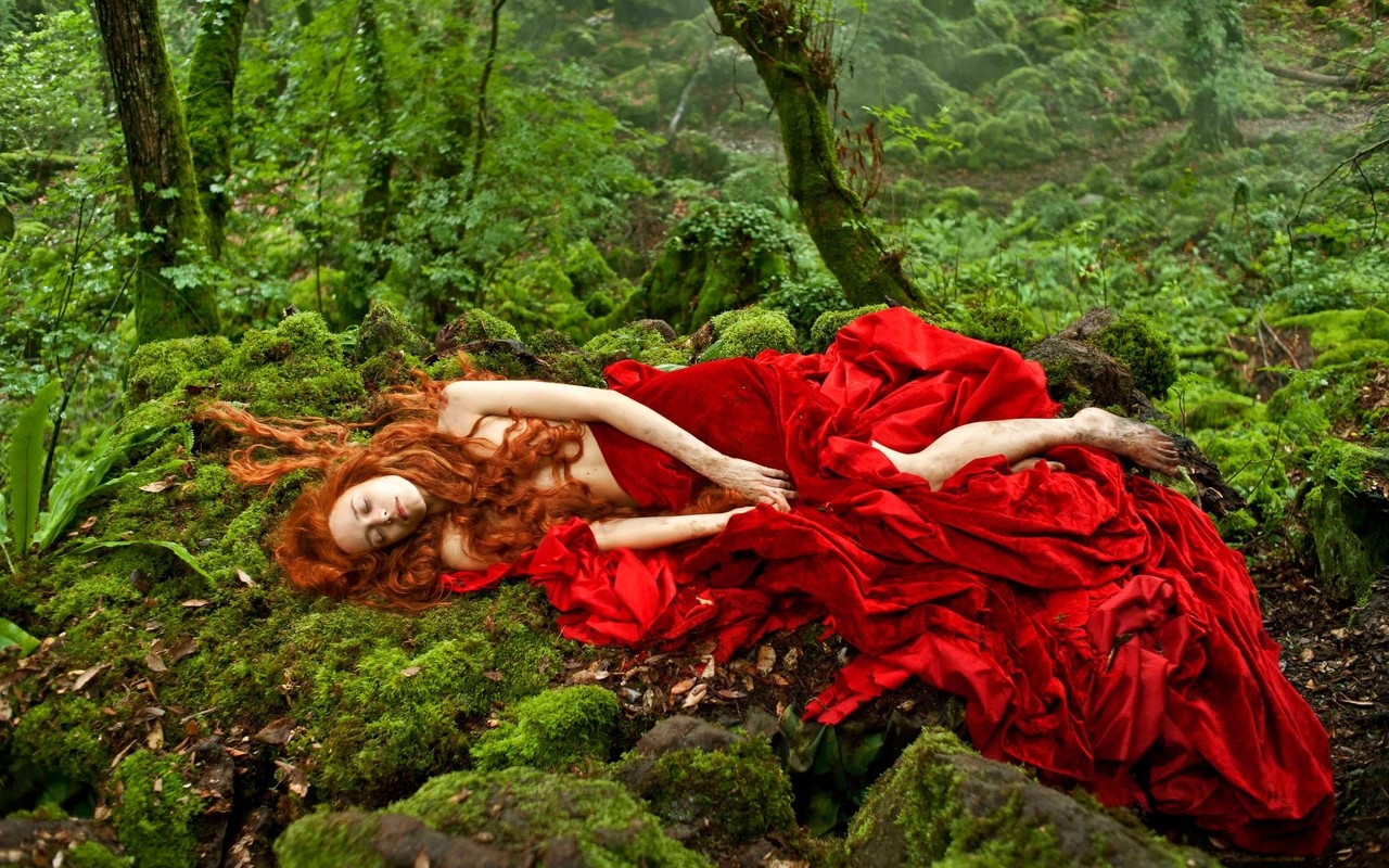 People 1280x800 women model redhead long hair women outdoors nature plants green closed eyes moss sleeping red dress barefoot dirty feet bare shoulders leaves rocks movies wavy hair forest fantasy girl 2015 (Year)
