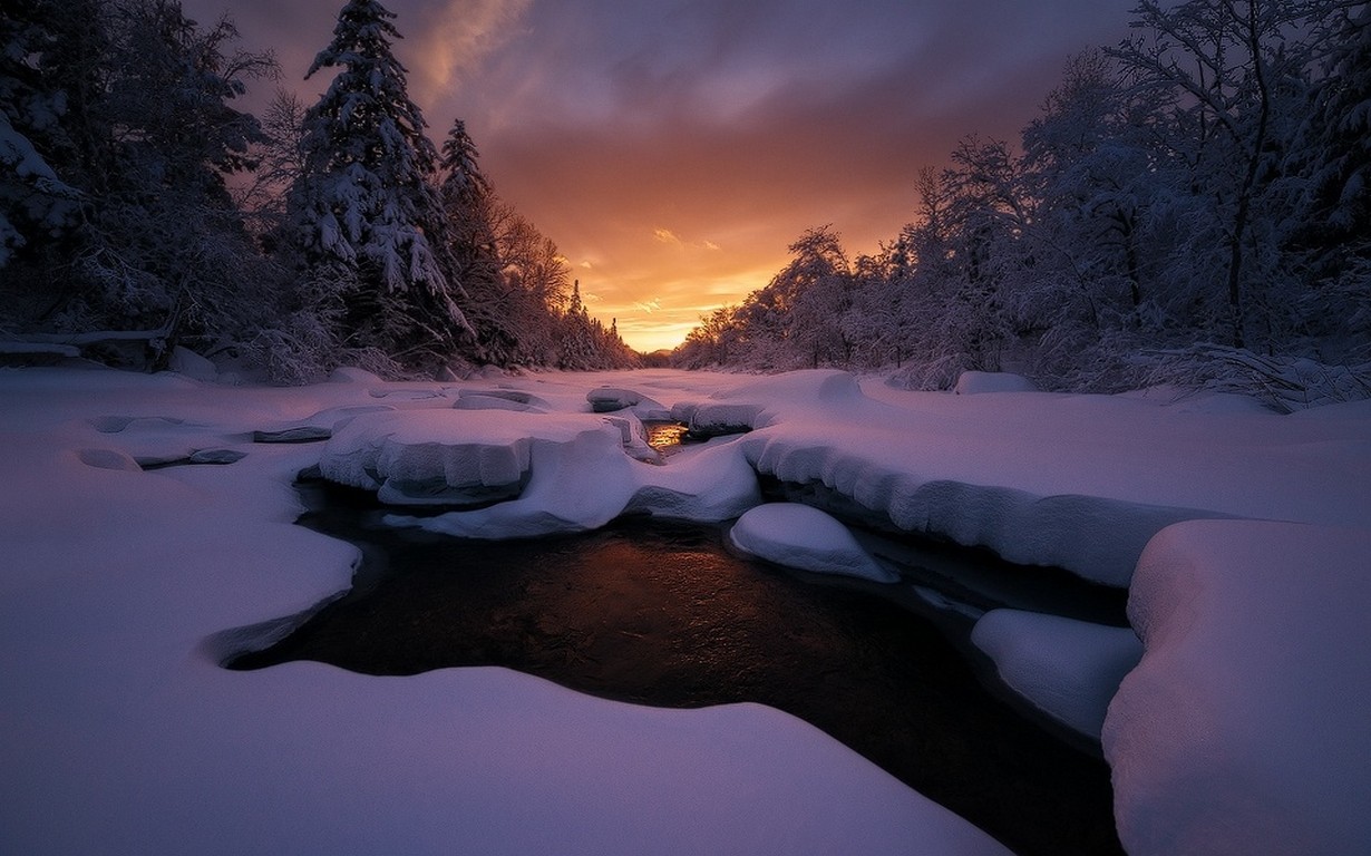 General 1230x768 nature landscape sunset cold winter forest sky Maine frost clouds trees snow