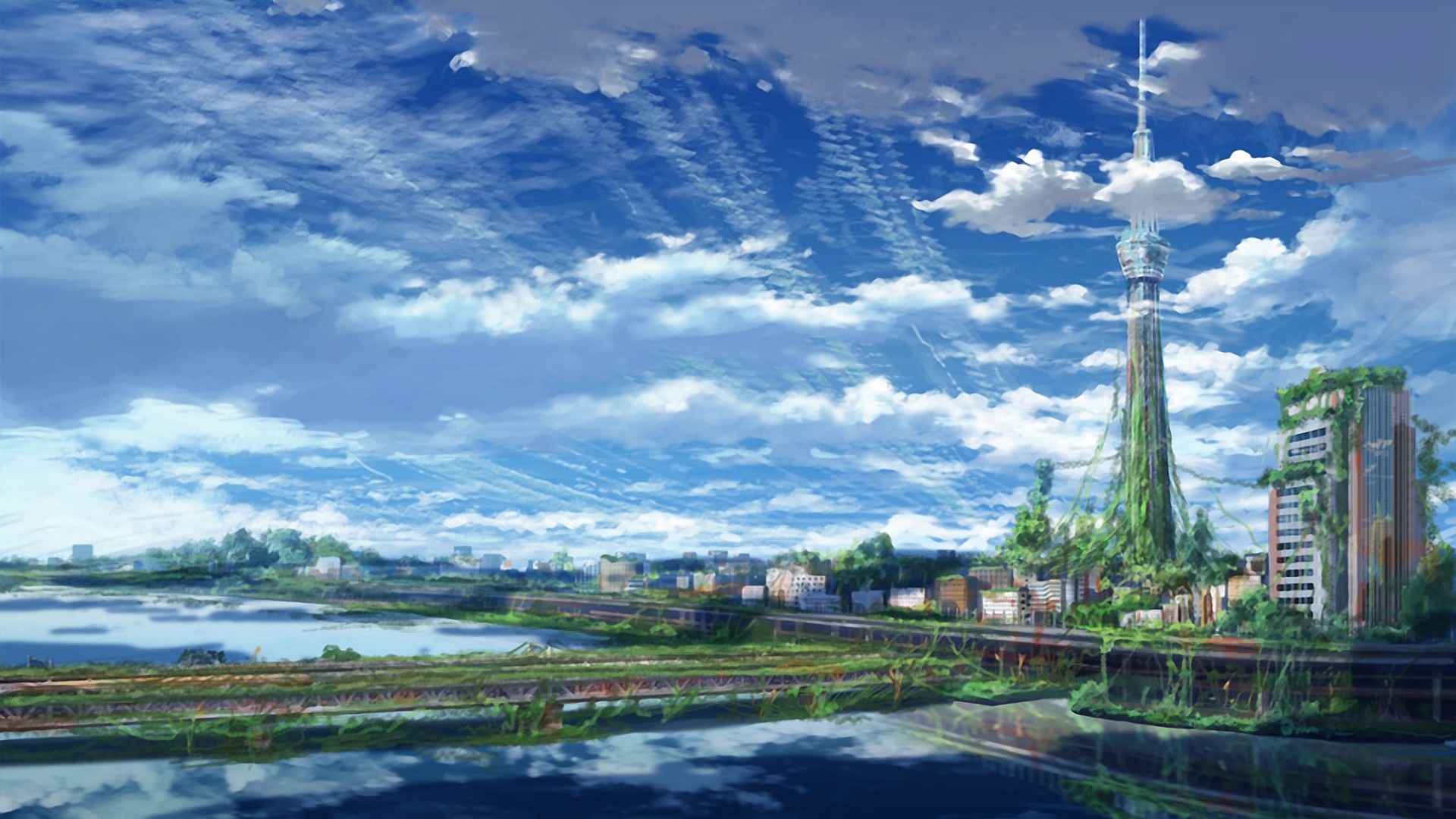 Anime 1920x1080 anime artwork sky cityscape clouds tower plants