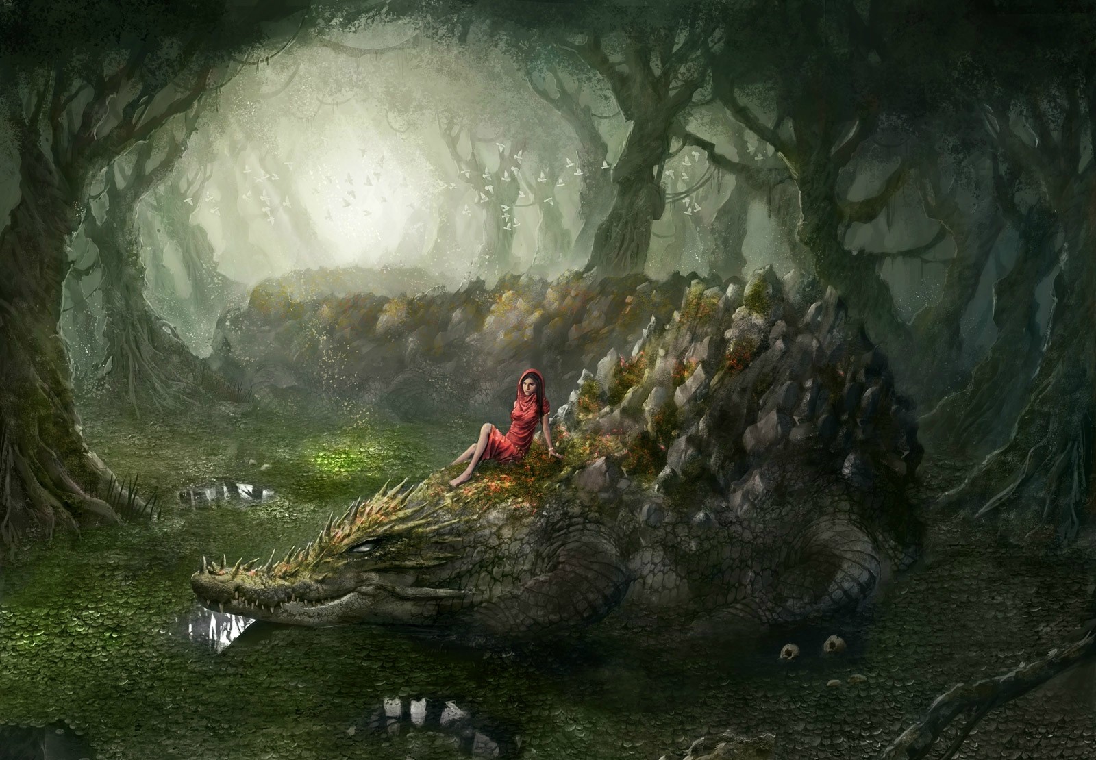 General 1600x1110 fantasy art artwork fantasy girl creature environment crocodiles digital art swamp women trees nature red clothing