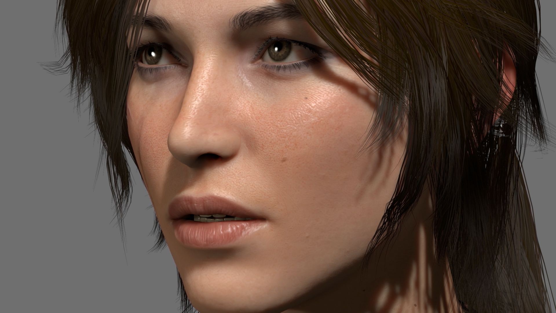 General 1920x1080 women Tomb Raider face video games Rise of the Tomb Raider closeup Lara Croft (Tomb Raider) video game girls video game characters digital art CGI brunette gray background