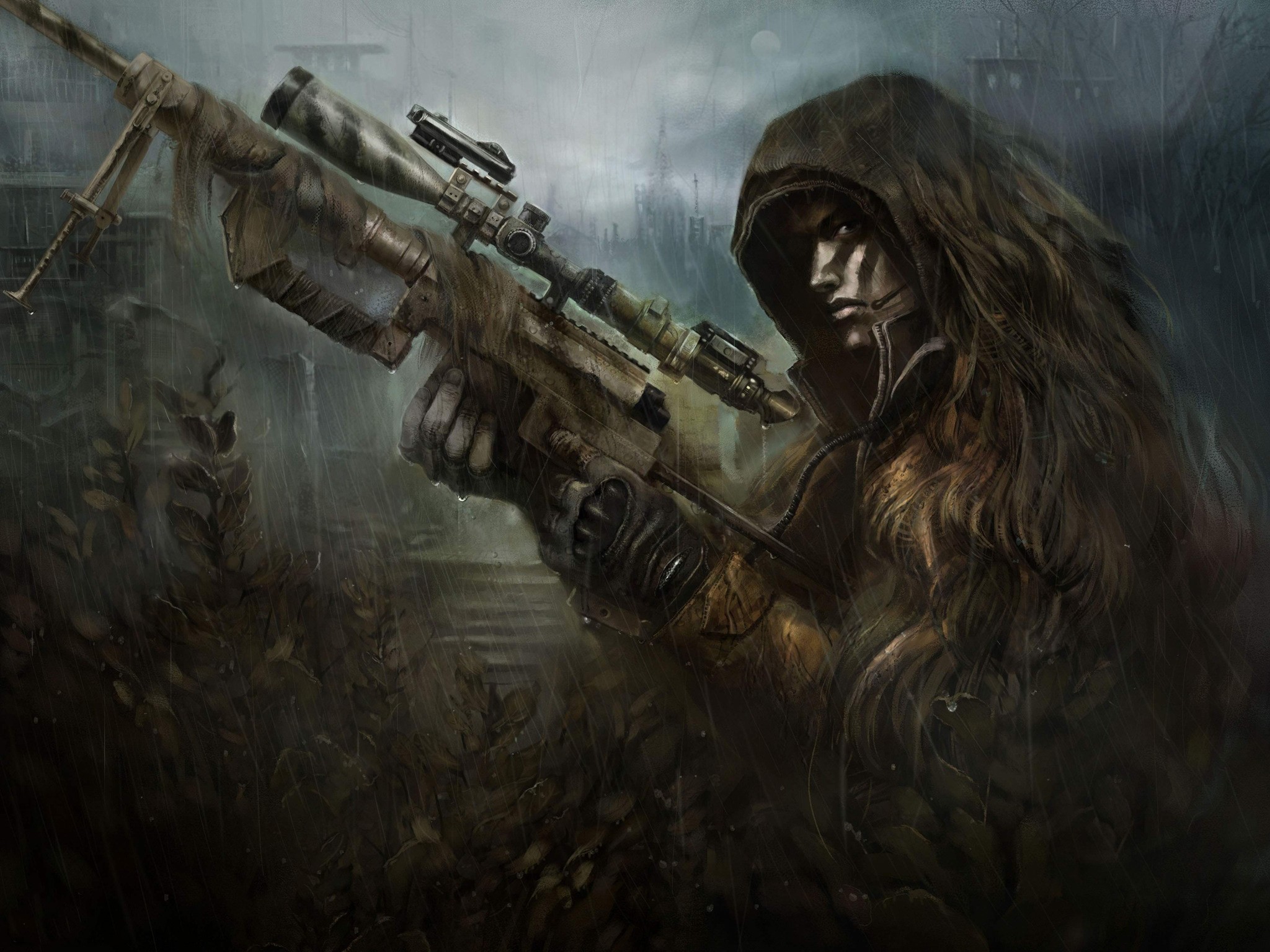 General 2048x1536 artwork chey-tac rain weapon digital art boys with guns gun gloves hoods looking at viewer scopes sniper rifle frown closed mouth camouflage