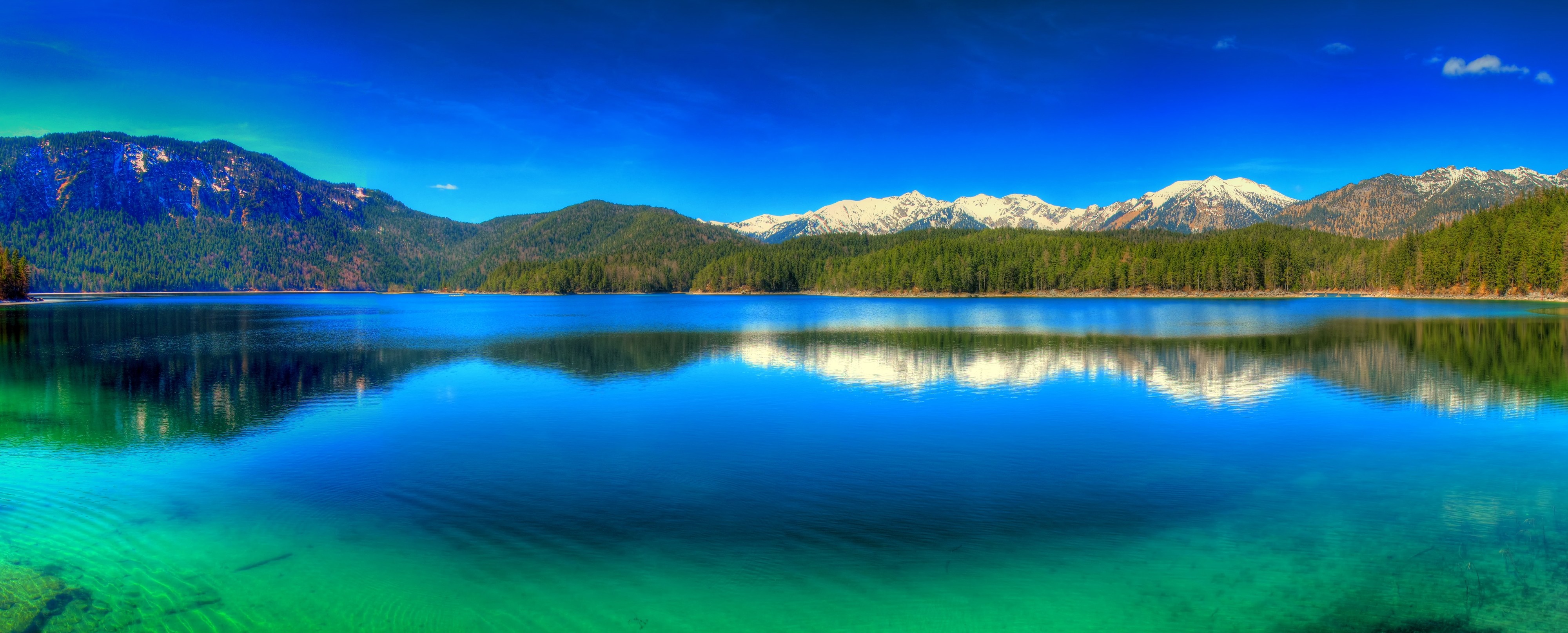 General 4000x1617 nature landscape panorama lake mountains forest Germany blue sky green water reflection snowy peak