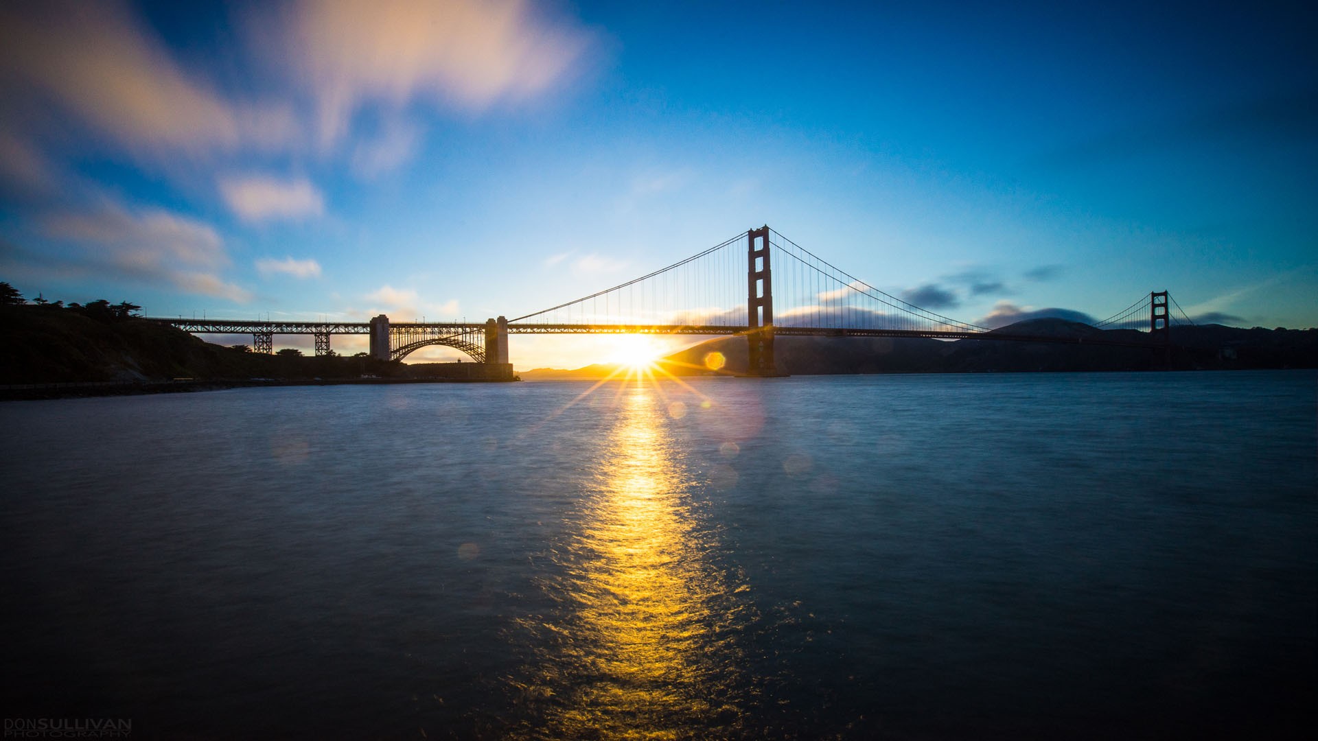 General 1920x1080 bridge San Francisco sunlight silhouette lens flare Golden Gate Bridge suspension bridge USA sea