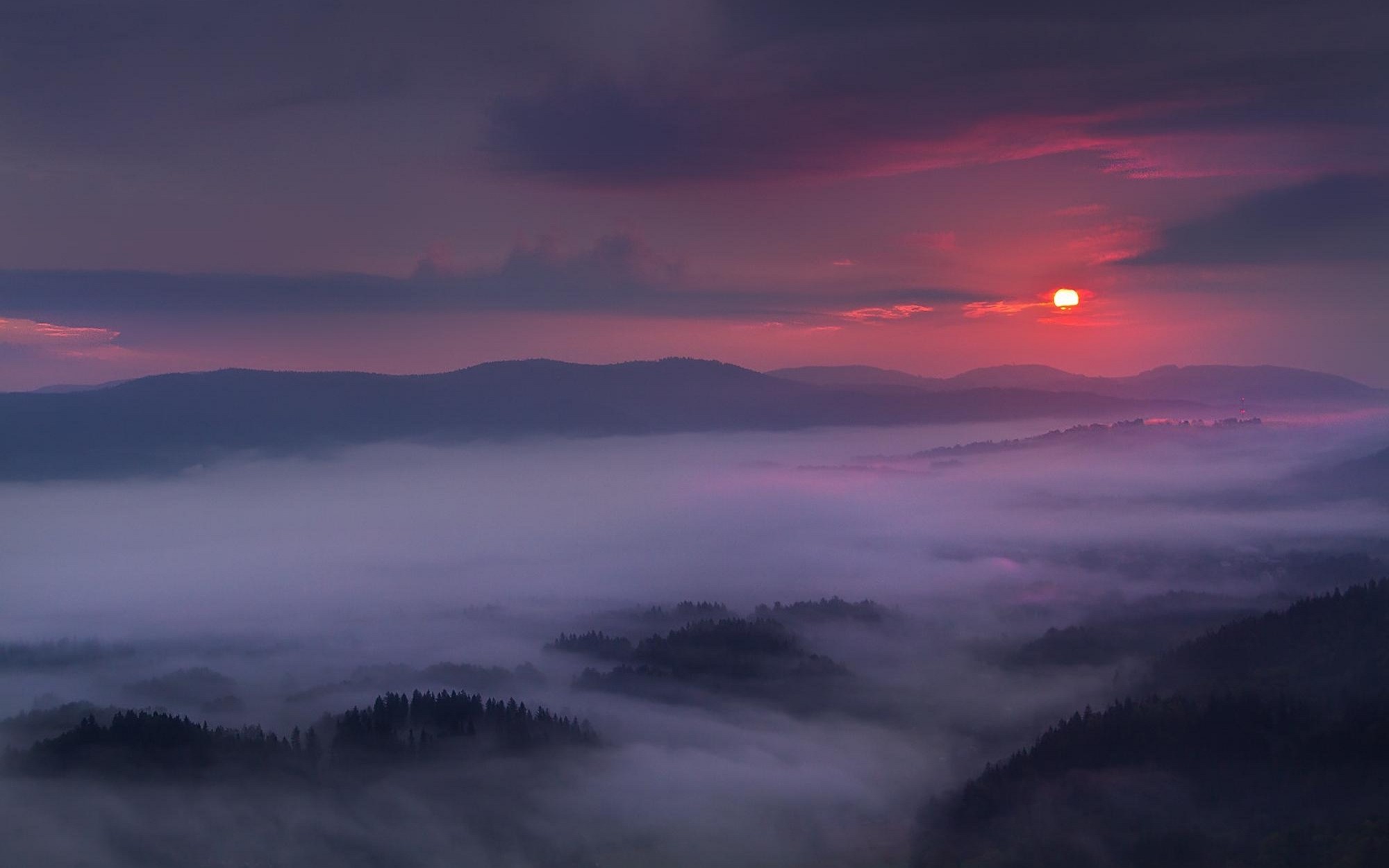 General 2000x1250 nature landscape purple sky mist mountains sunset forest clouds