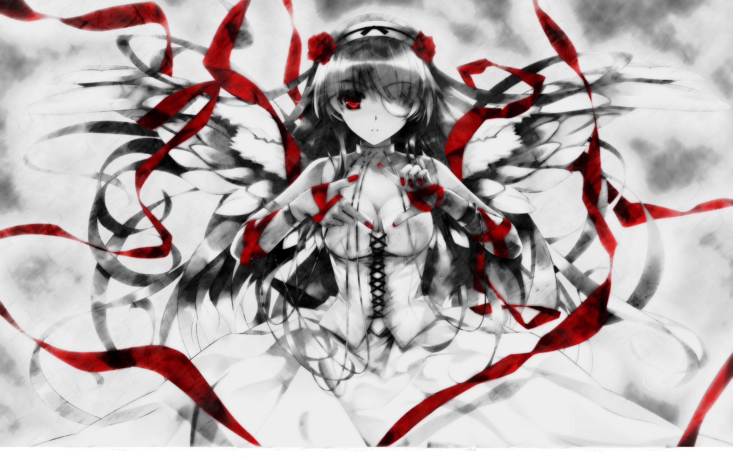 Anime 2560x1600 anime anime girls eyepatches selective coloring red eyes boobs dress flowers flower in hair corset fantasy art fantasy girl looking at viewer