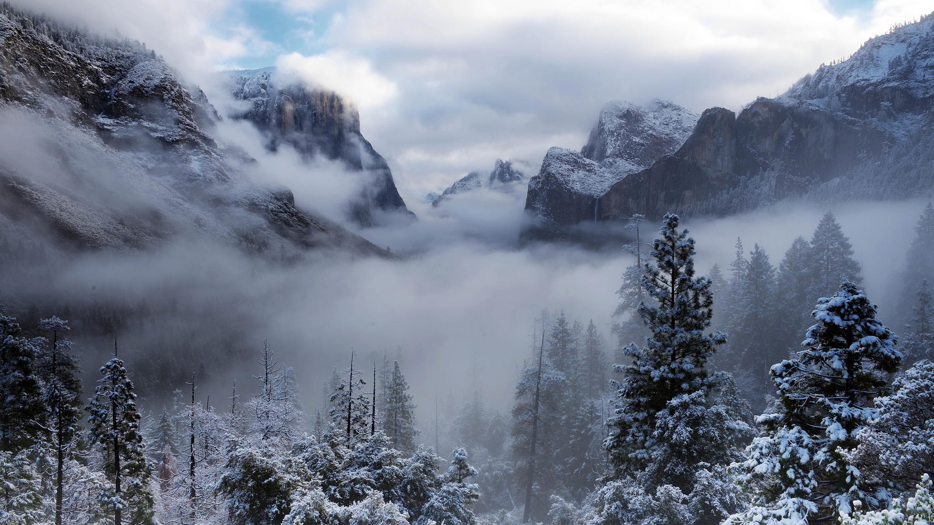 General 1920x1080 landscape nature clouds mountains winter snow Yosemite National Park USA trees cold