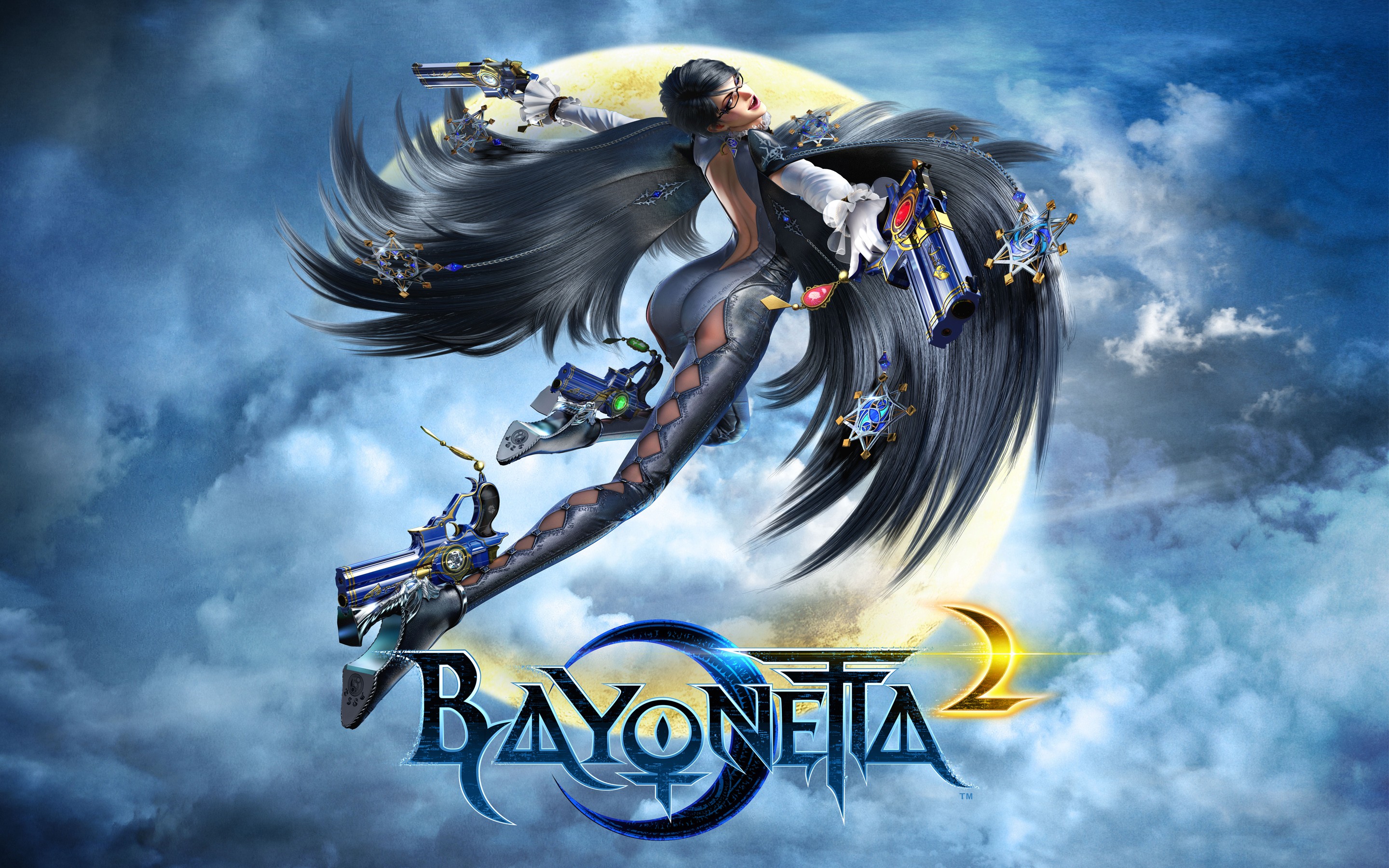 General 2880x1800 Bayonetta Bayonetta 2 Wii U Nintendo video games video game art video game girls dark hair long hair girls with guns women Moon sky