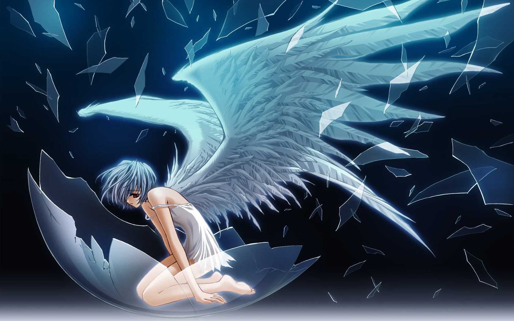 Anime 1680x1050 eggs angel anime girls wings anime blue hair barefoot kneeling women red eyes fantasy art fantasy girl Neon Genesis Evangelion Ayanami Rei