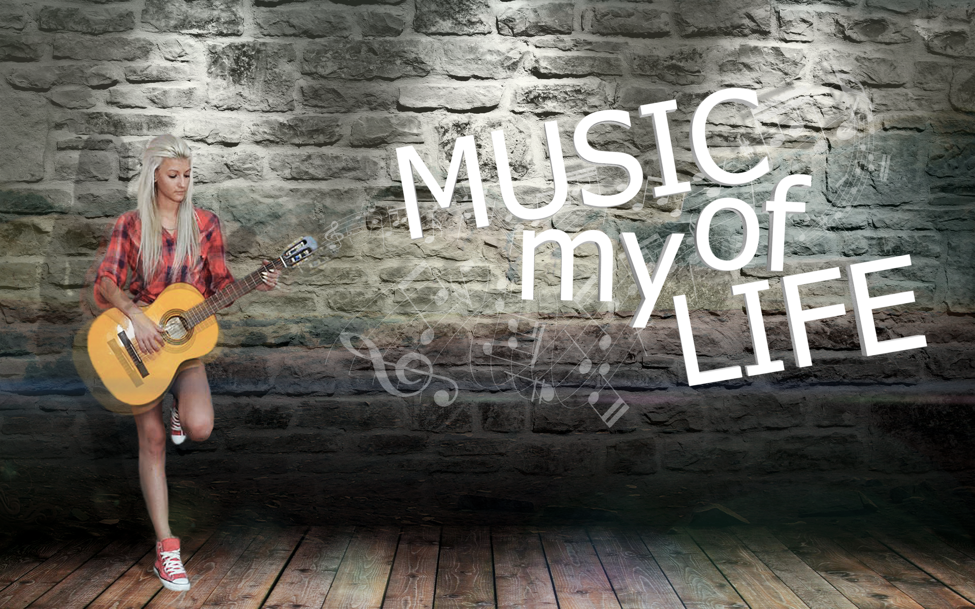 General 1920x1200 Music is Life typography musical instrument wall women guitar standing musical notes