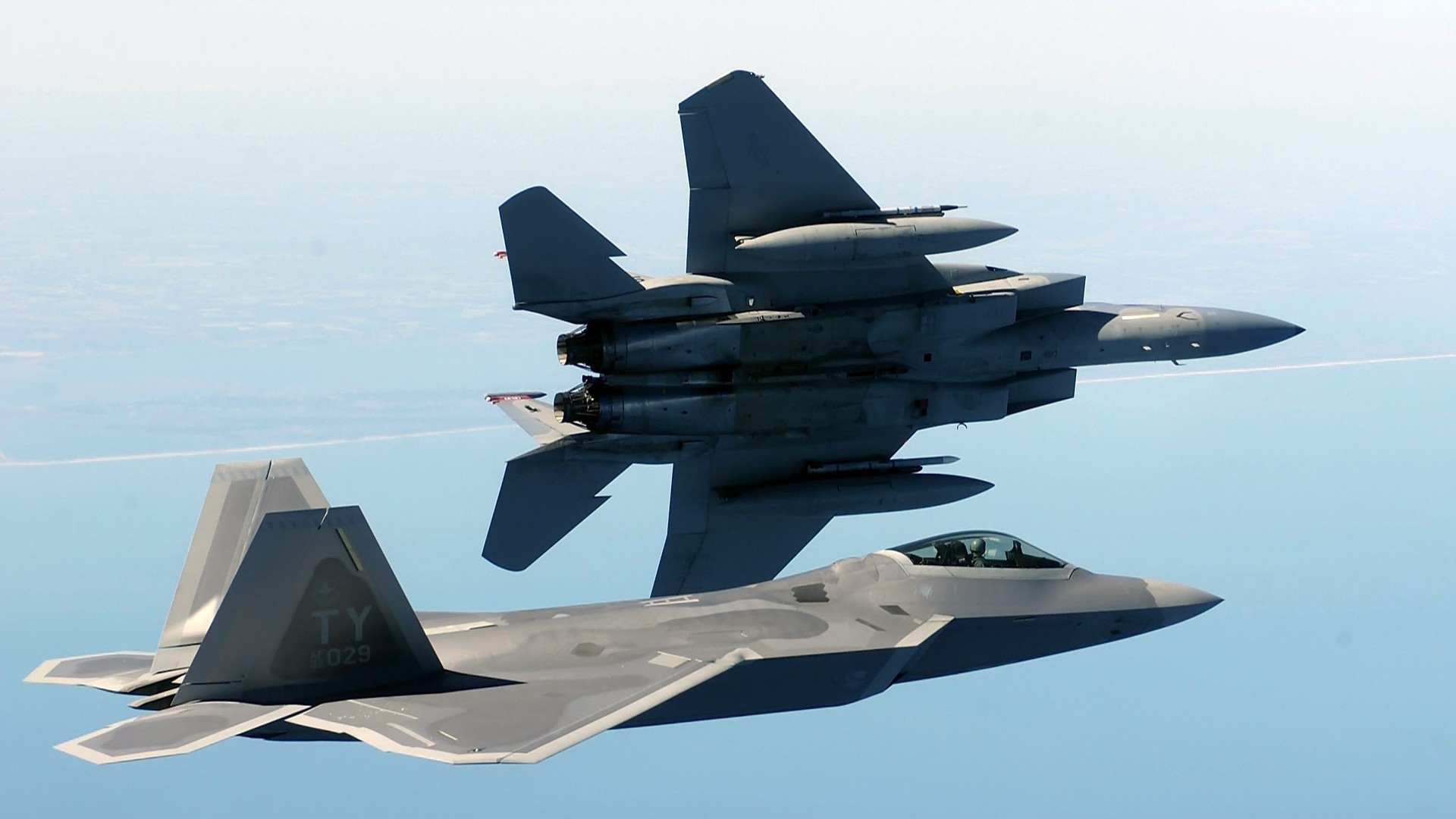 General 1920x1080 military aircraft airplane sky jets F-22 Raptor F-15 Eagle military aircraft military vehicle American aircraft vehicle pilot McDonnell Douglas Lockheed Martin flying side view bottom view