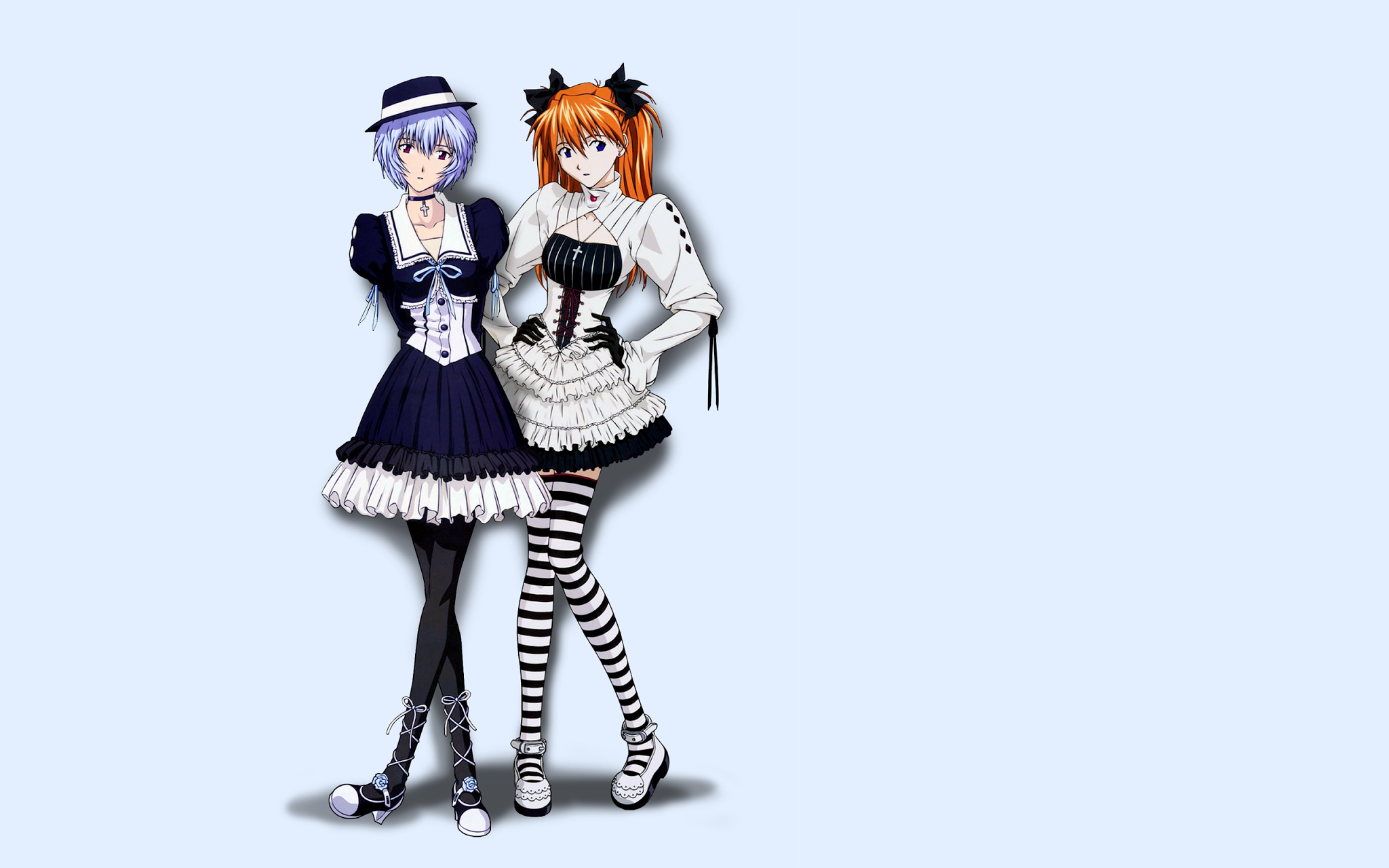 Anime 2048x1280 anime Neon Genesis Evangelion Asuka Langley Soryu Ayanami Rei anime girls simple background two women stockings striped stockings hat women with hats dress hands on hips