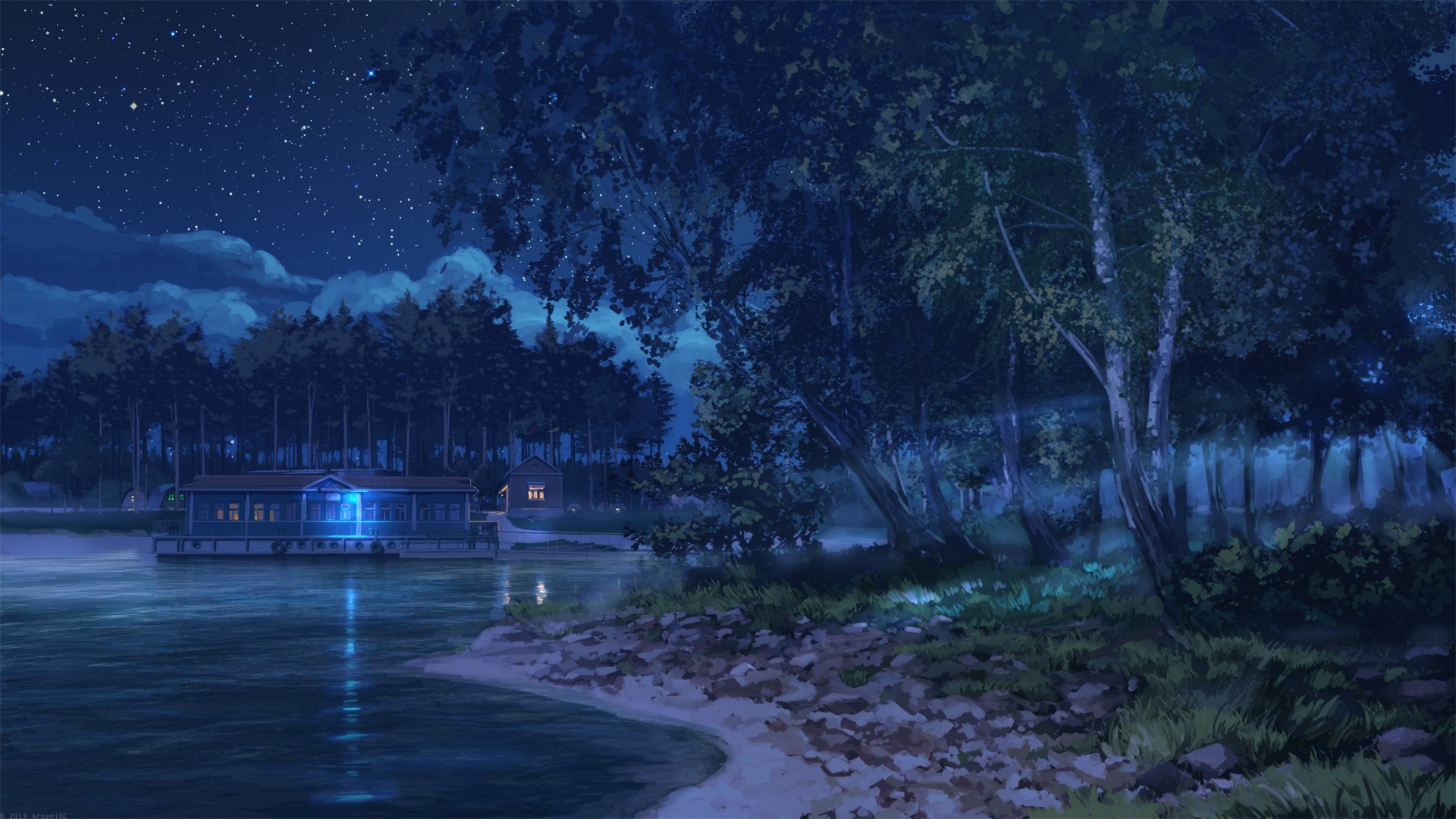 Anime 1920x1080 anime night water sky stars