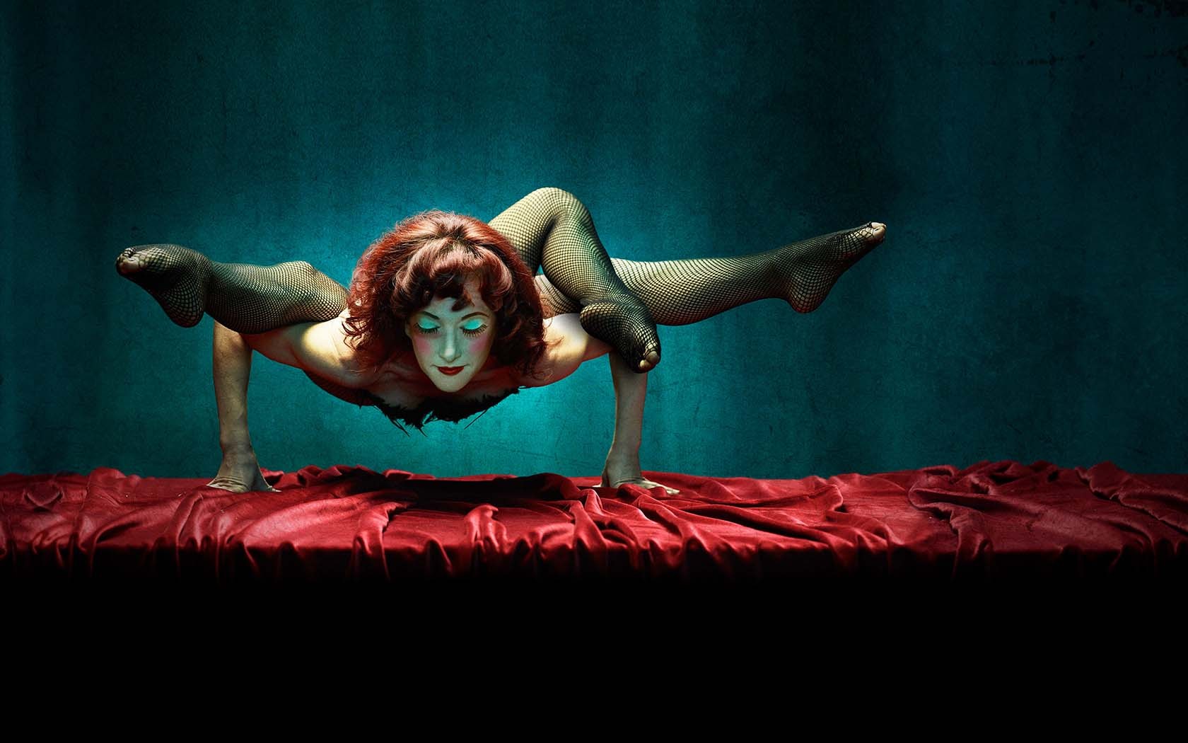 People 1680x1050 women stockings contortionists redhead women indoors indoors studio flexible makeup