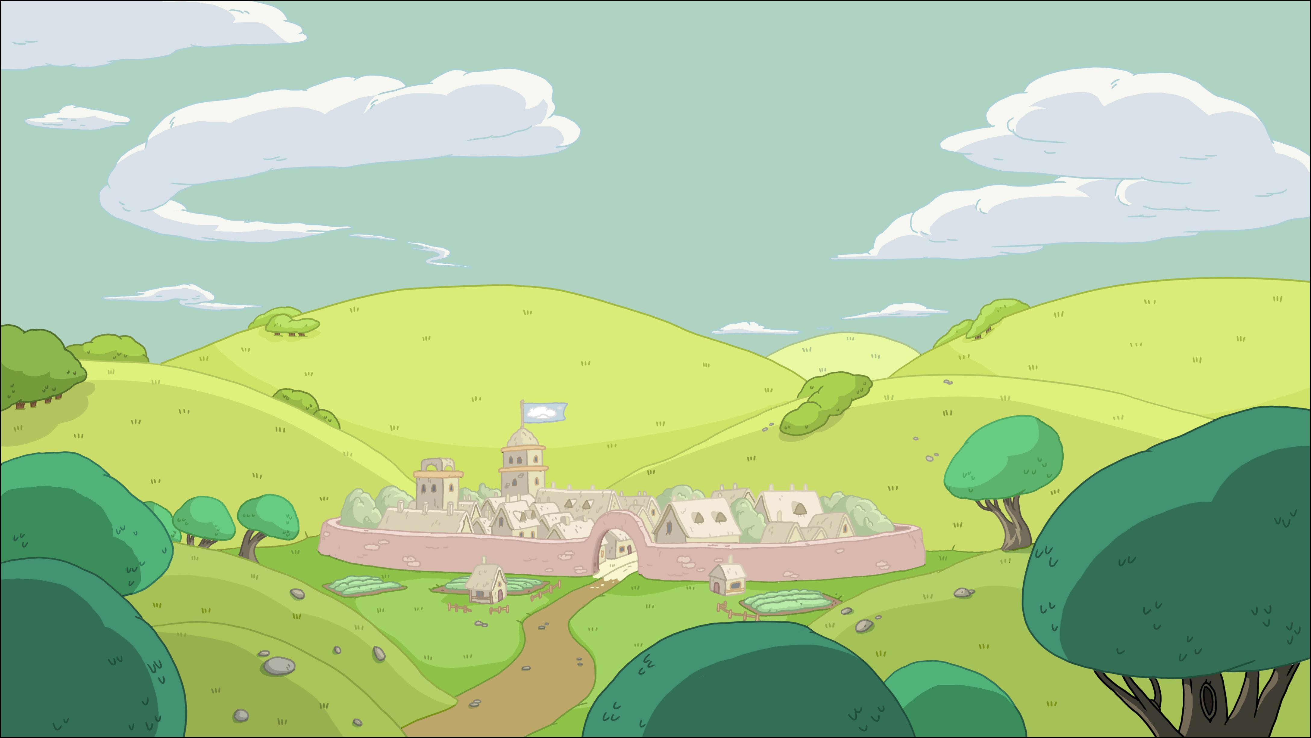 General 4351x2452 Adventure Time cartoon TV series digital art landscape trees grass sky clouds city fortress