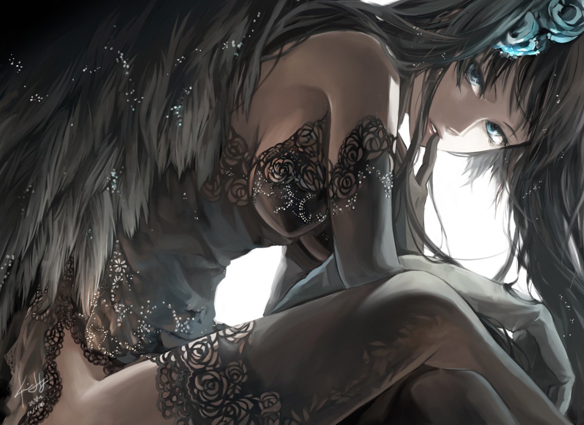 Anime 1138x828 anime blue eyes long hair dark hair anime girls wings thigh-highs flower in hair fantasy art fantasy girl