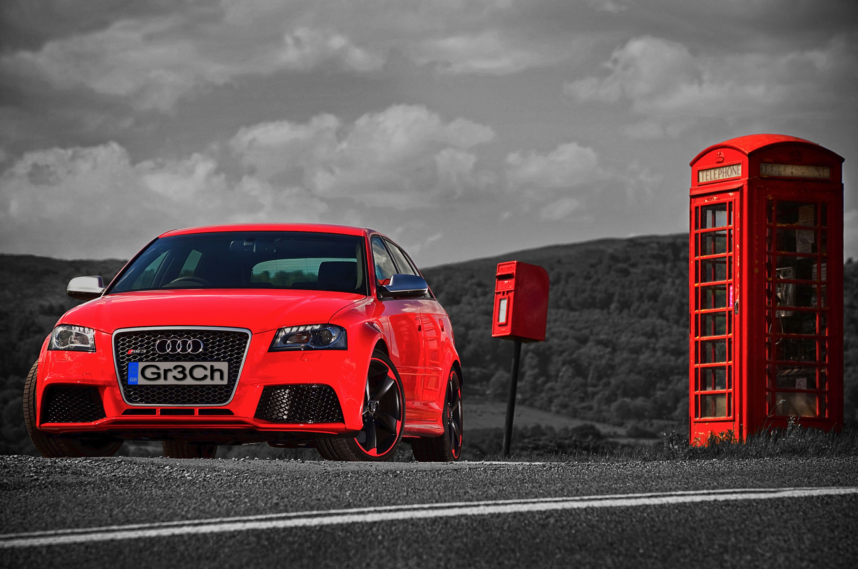 General 3000x1989 Audi car vehicle red cars selective coloring red telephone box mailbox Volkswagen Group sky phone box German cars frontal view clouds overcast road licence plates