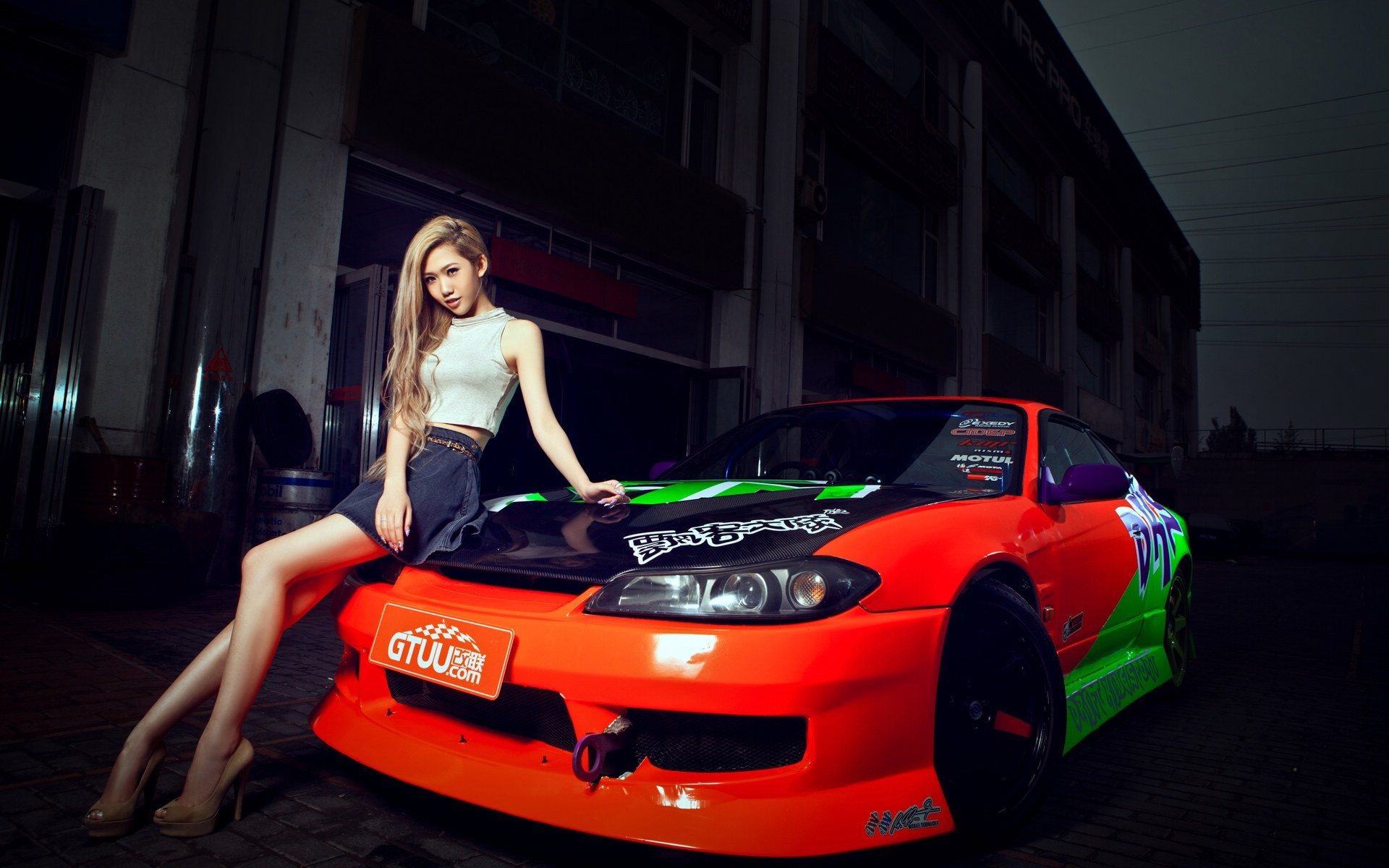 People 1920x1200 Japanese cars Nissan Silvia Nissan women Asian model car women with cars legs long hair vehicle looking at viewer heels