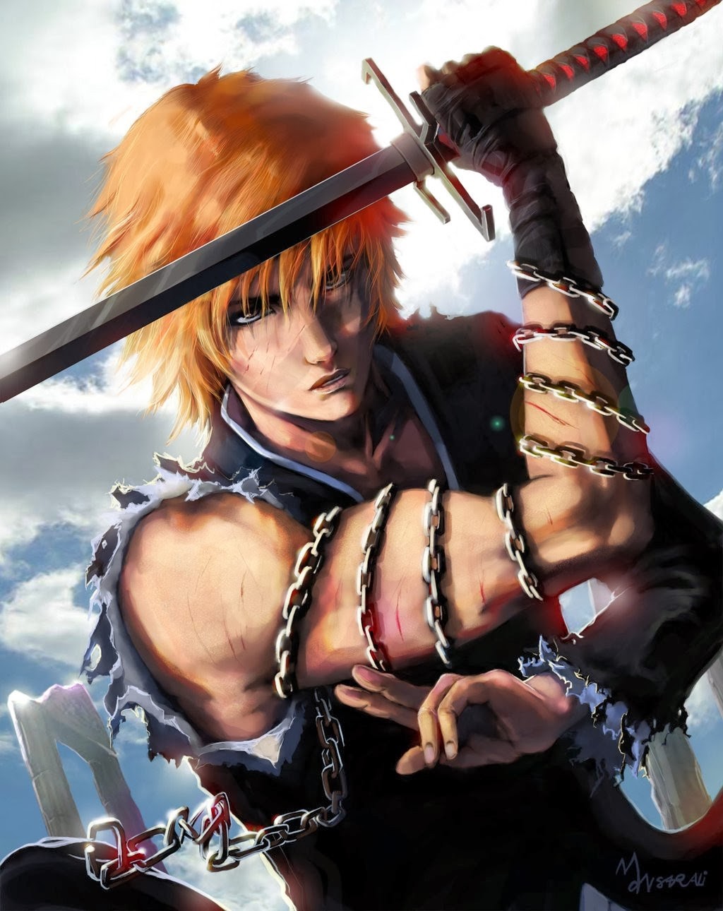 Anime 1024x1290 anime Bleach Kurosaki Ichigo redhead chains sword anime boys
