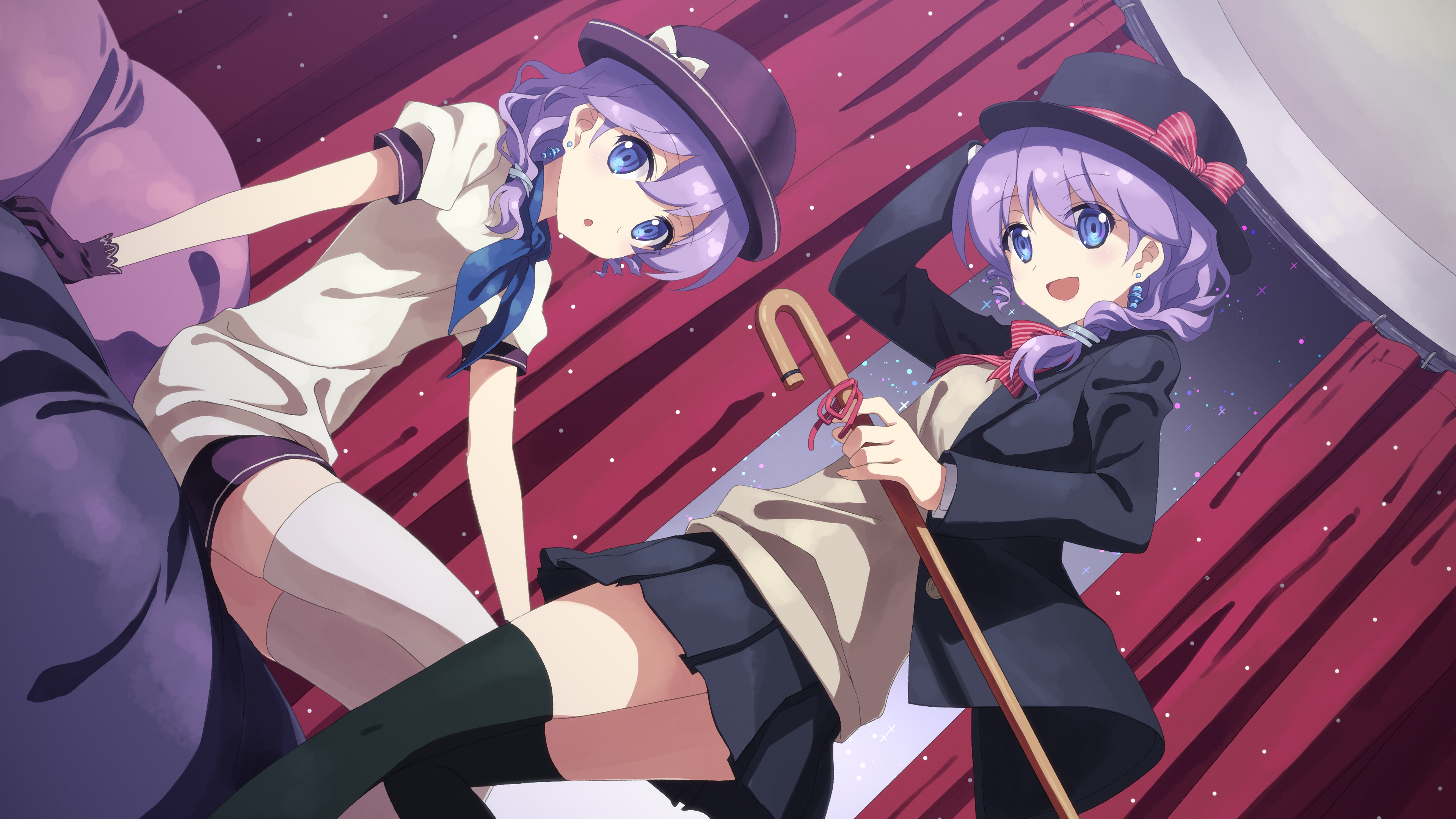 Anime 3840x2160 DJ Max anime girls anime two women hat women with hats blue eyes purple hair miniskirt stockings legs sitting standing open mouth looking at viewer