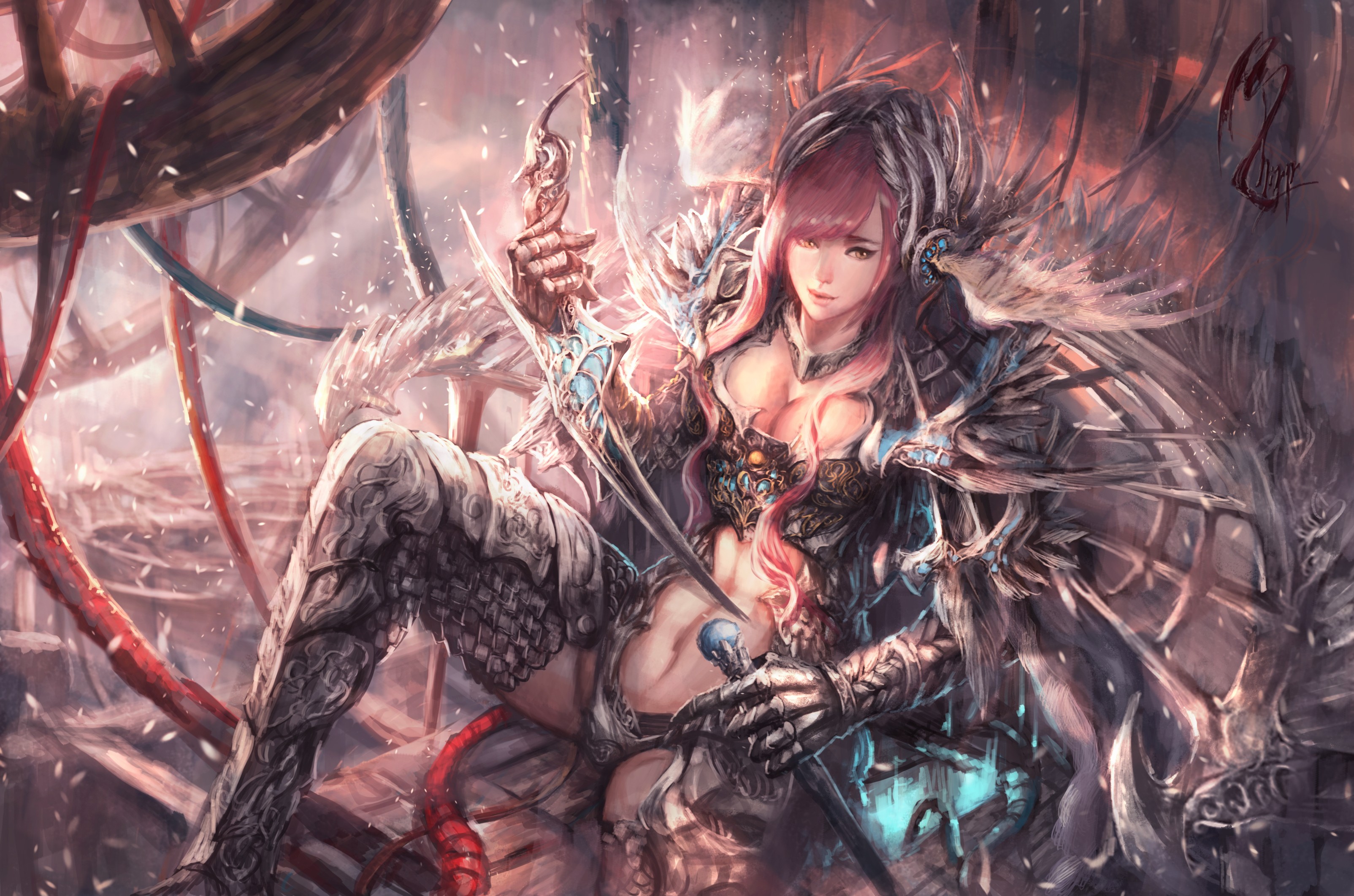 Anime 3208x2124 fantasy art pink hair dagger belly boobs fantasy armor armor fantasy girl women