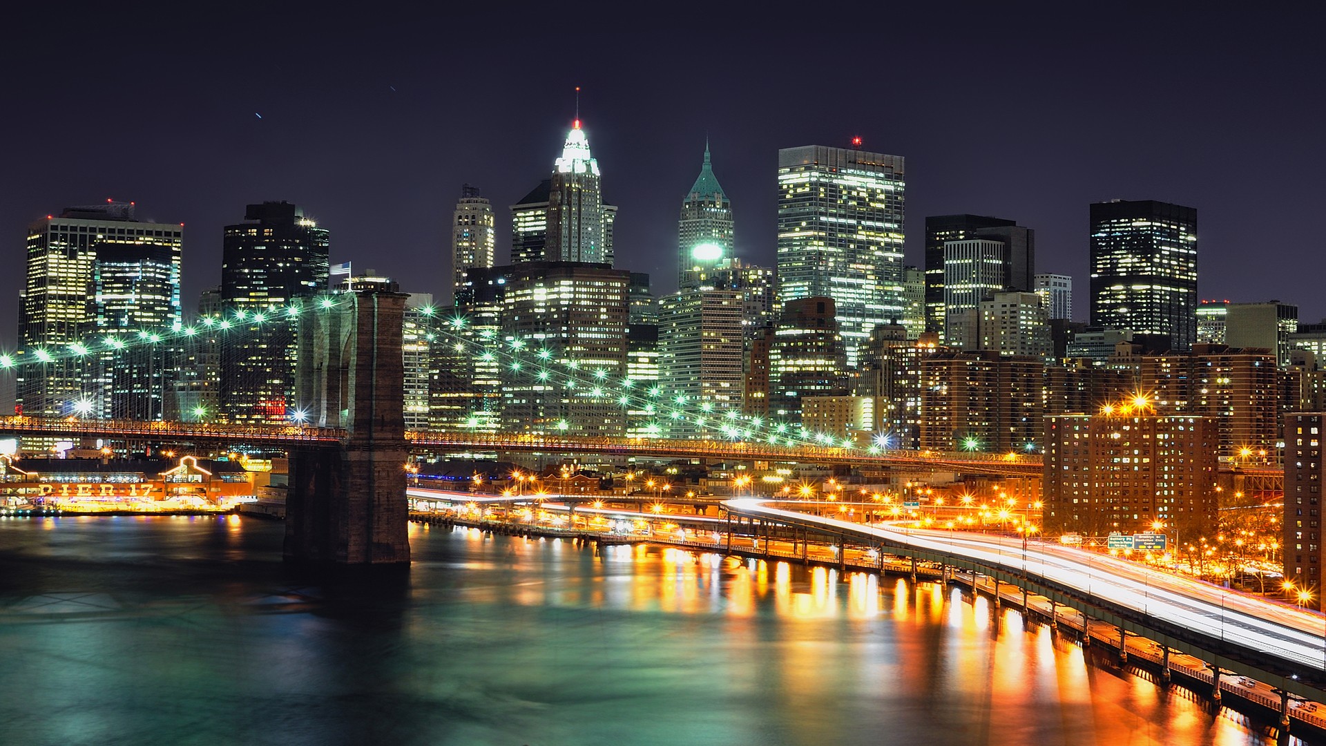 General 1920x1080 city New York City city lights bridge night long exposure cityscape USA