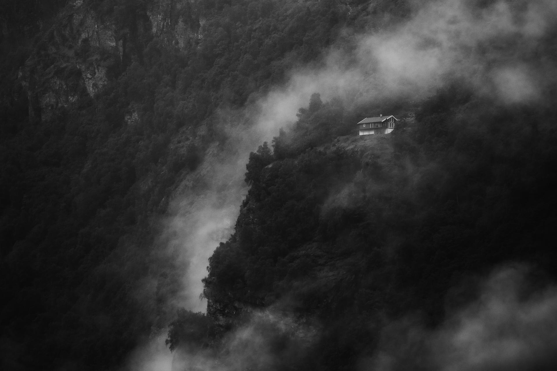 General 1920x1280 nature landscape house mist cliff mountains trees Geiranger Norway monochrome alone Geirangerfjord