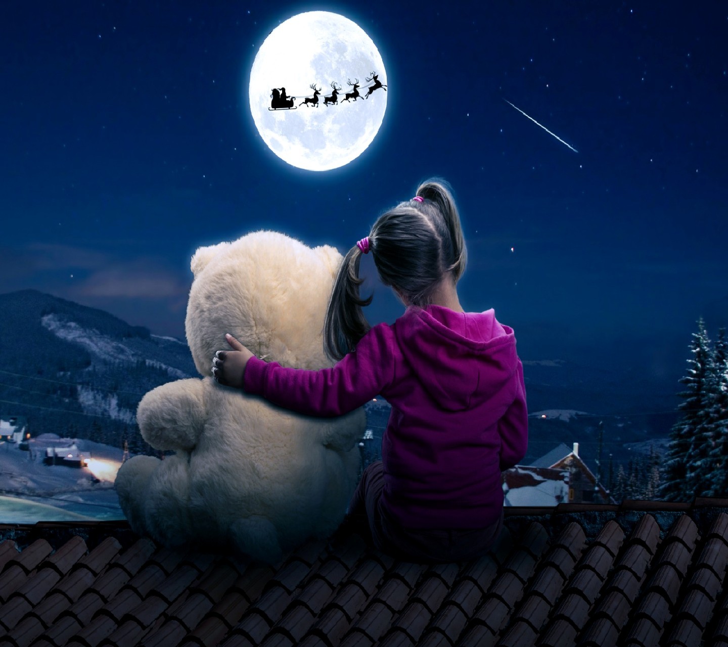 General 1440x1280 digital art Moon children night sky rooftops