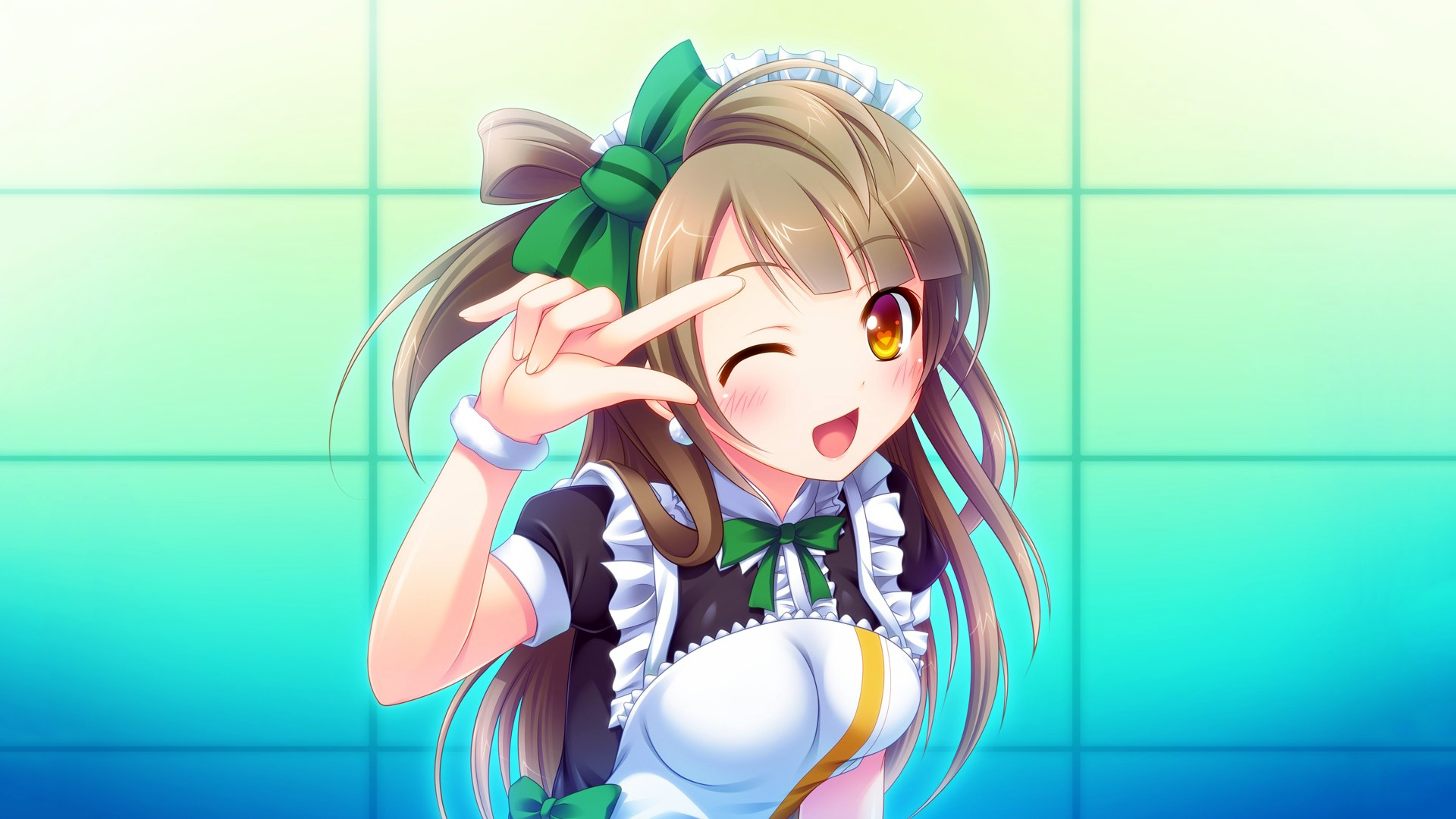 Anime 1920x1080 anime anime girls Love Live! maid outfit Minami Kotori wink hand gesture one eye closed open mouth yellow eyes brunette cyan background