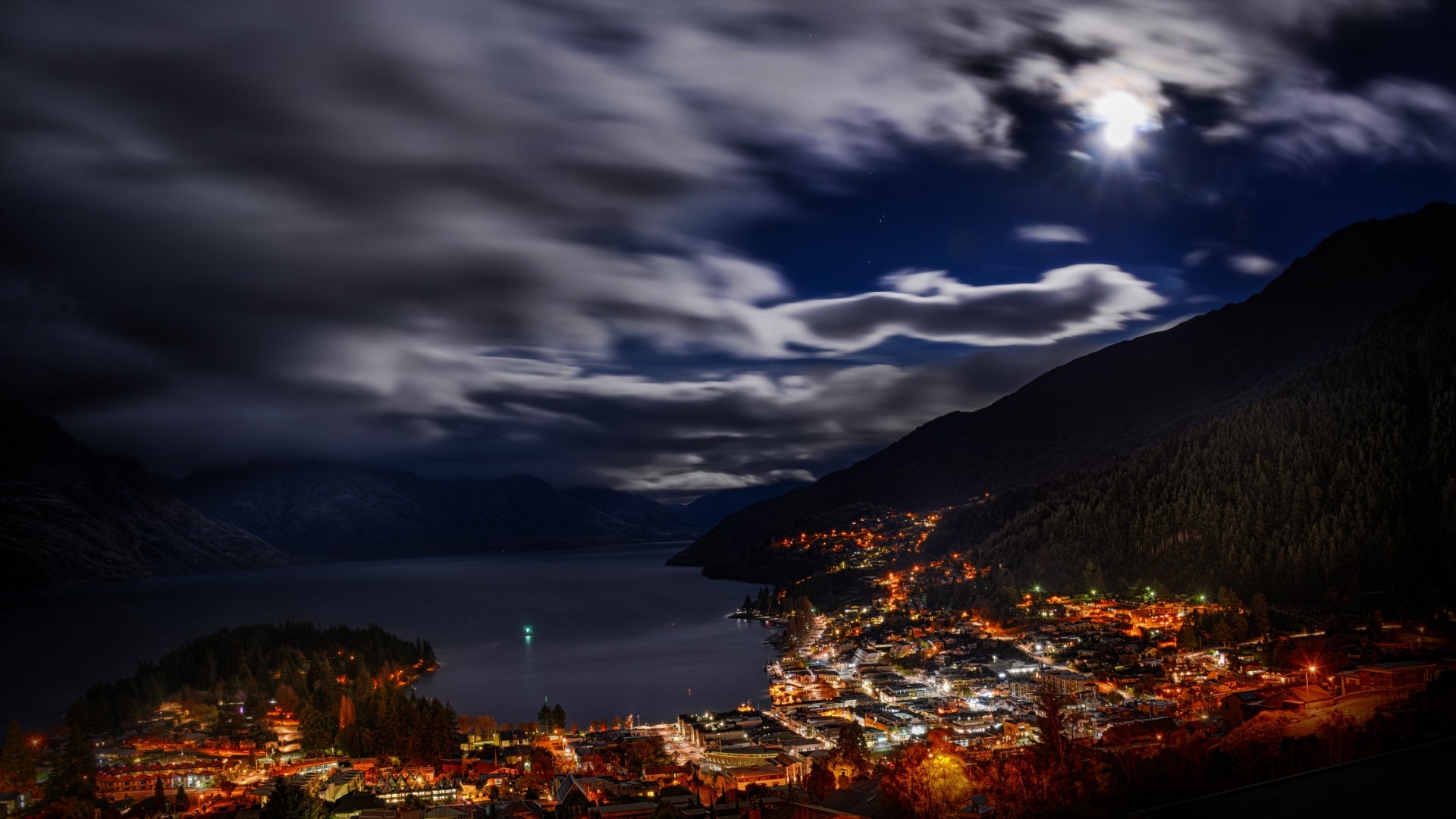General 1920x1080 city cityscape night lights New Zealand landscape bay building trees forest hills clouds long exposure moonlight city lights
